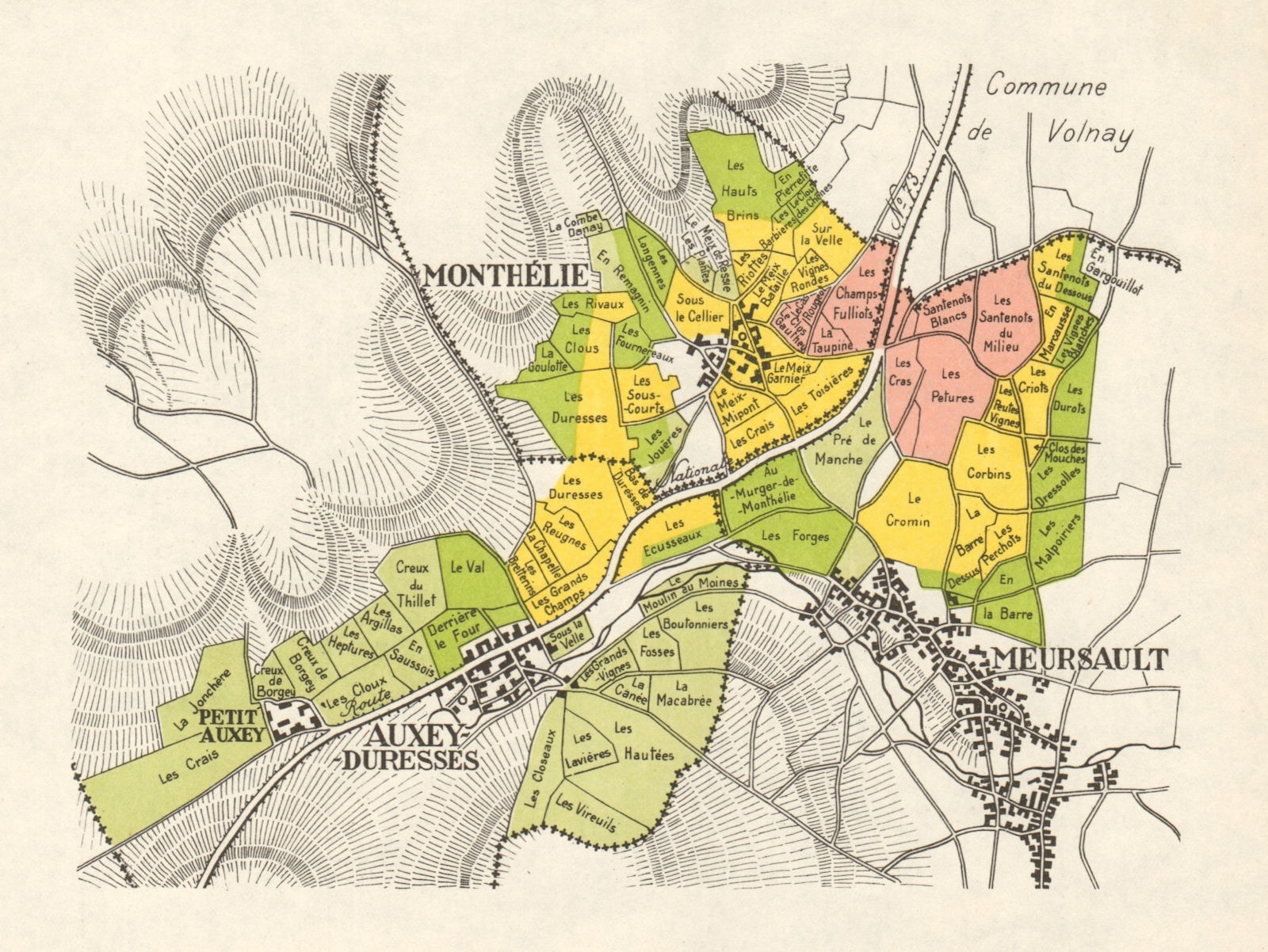 BURGUNDY BOURGOGNE VINEYARD MAP Côte Beaune Monthélie Auxey-Duresses RODIER 1948