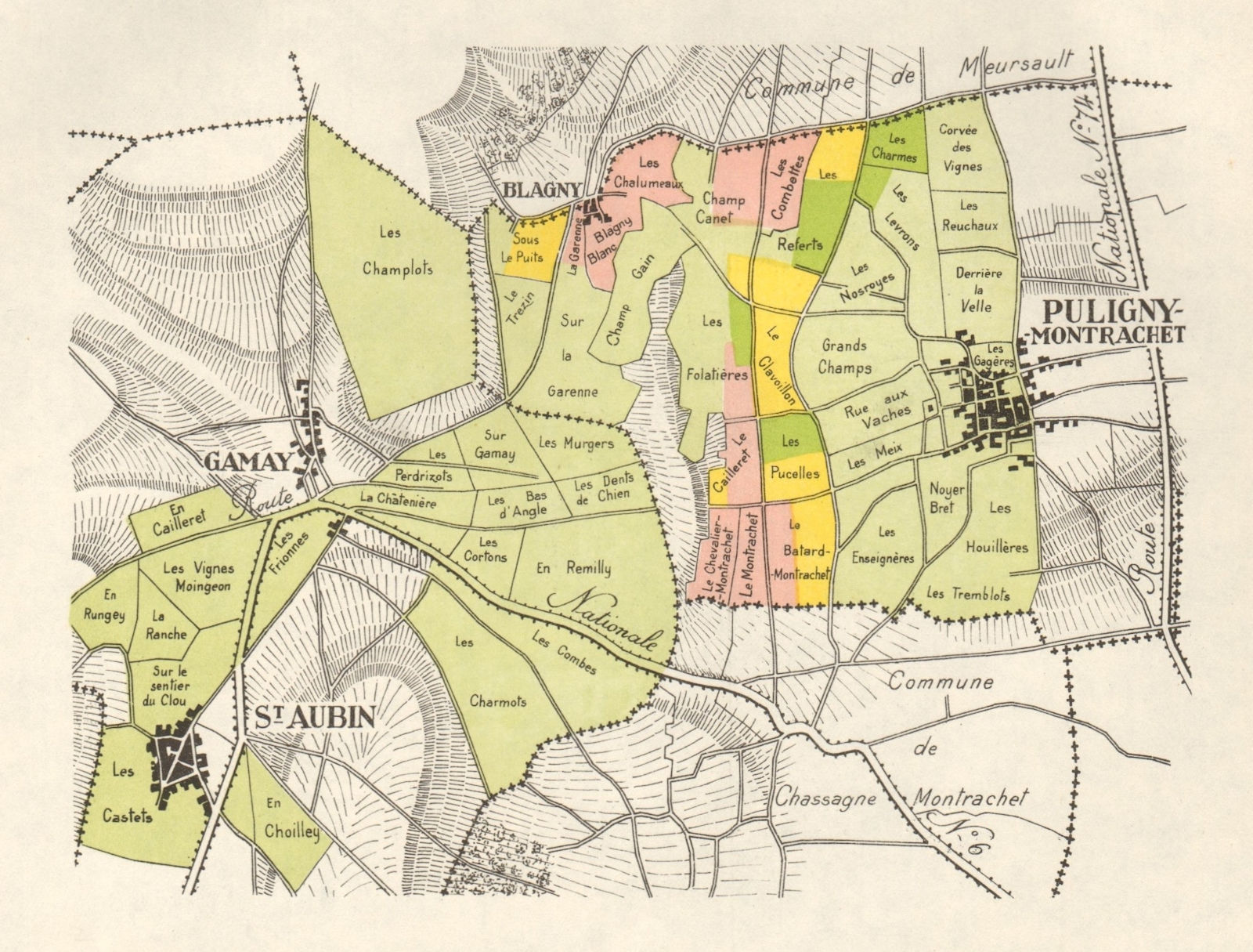 BURGUNDY BOURGOGNE VINEYARD MAP Côte de Beaune - Puligny-Montrachet RODIER 1948