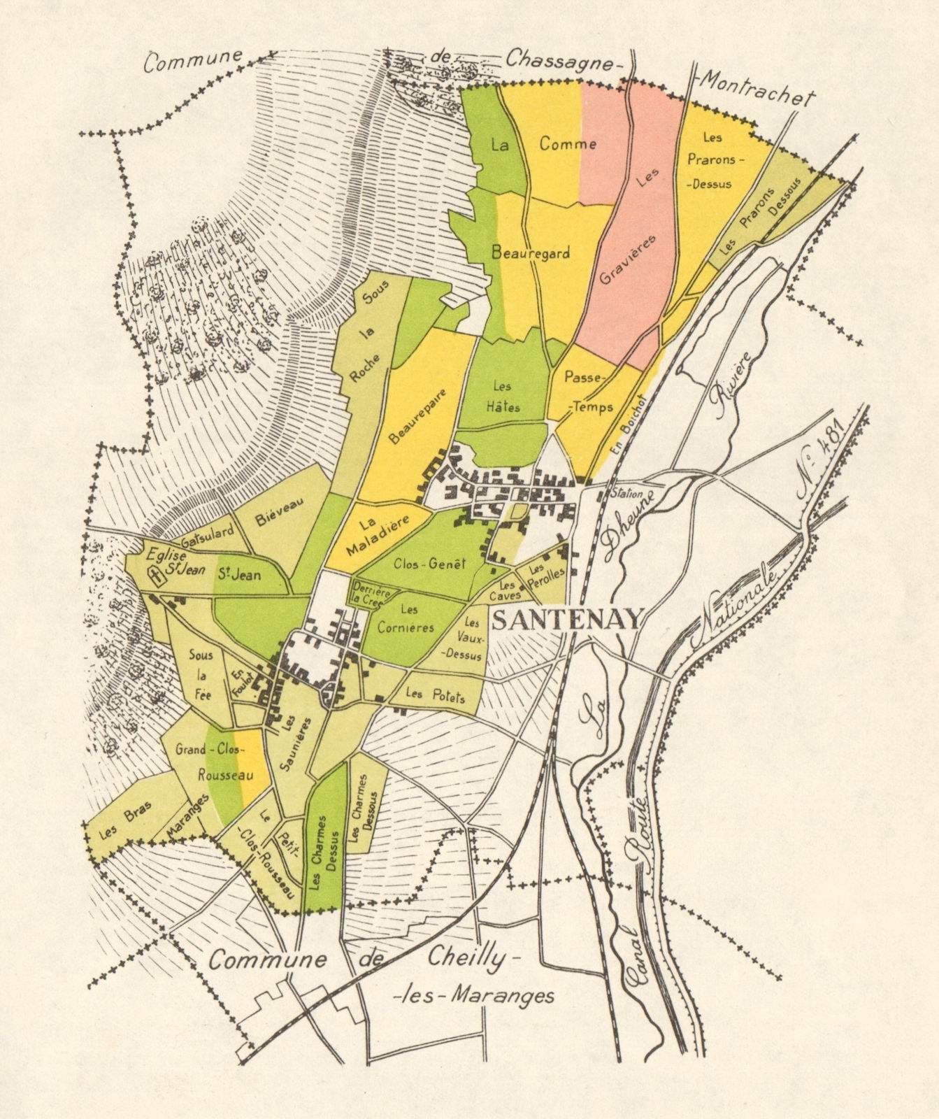 BURGUNDY BOURGOGNE VINEYARD MAP Côte de Beaune - Santenay RODIER 1948 old