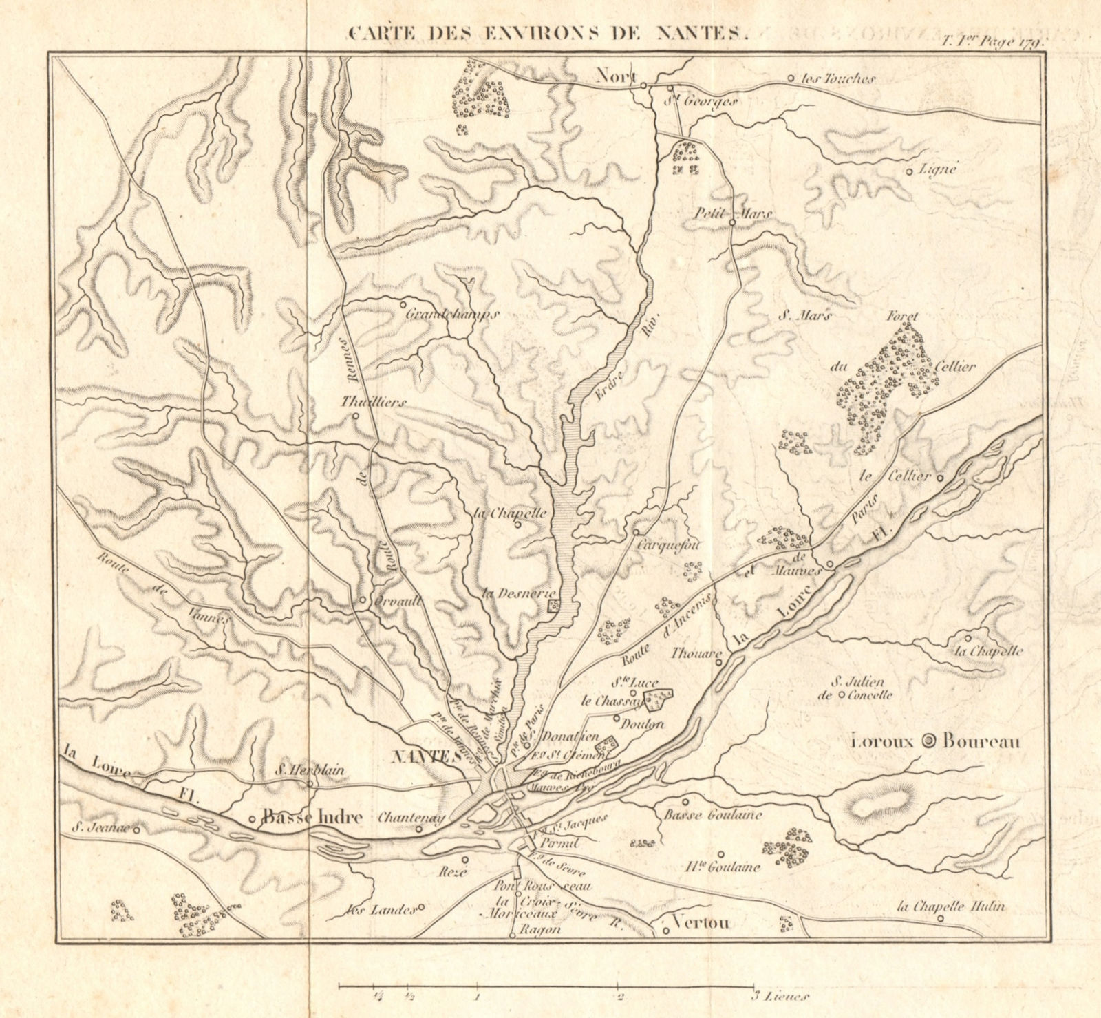 Environs of Nantes. Vendée War of 1st Coalition 1793. Loire-Atlantique 1817 map