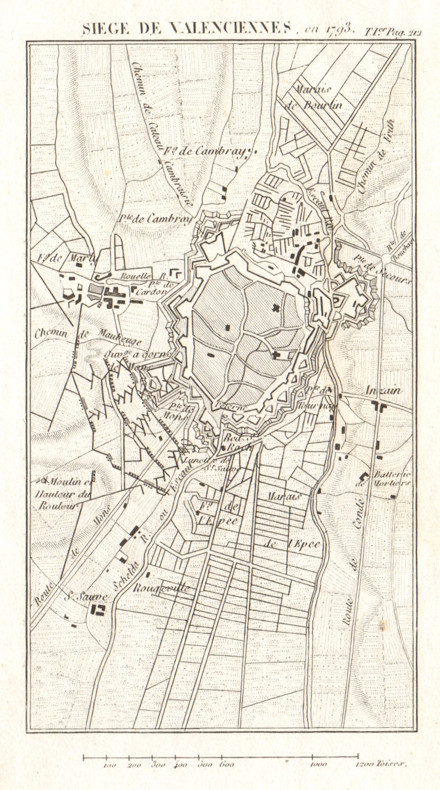 Siege of Valenciennes in 1793. War of the First Coalition. Nord 1817 old map