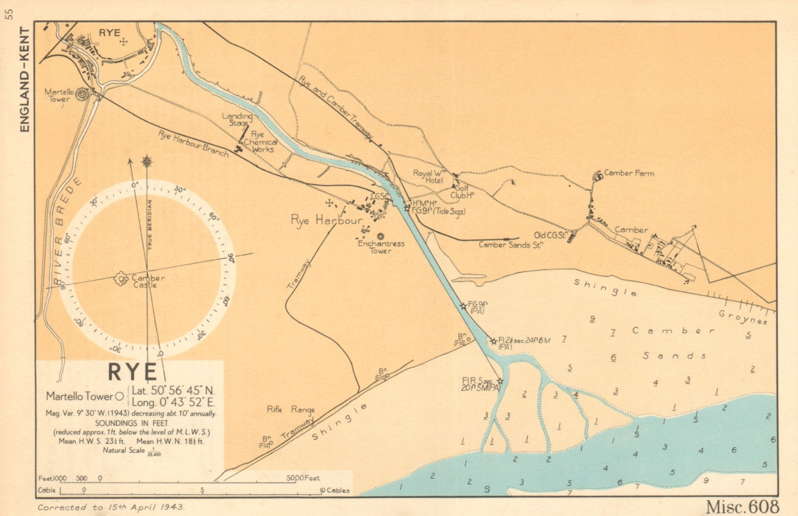 Rye Harbour Sea Coast Chart River Rother Sussex ADMIRALTY 1943 Old 