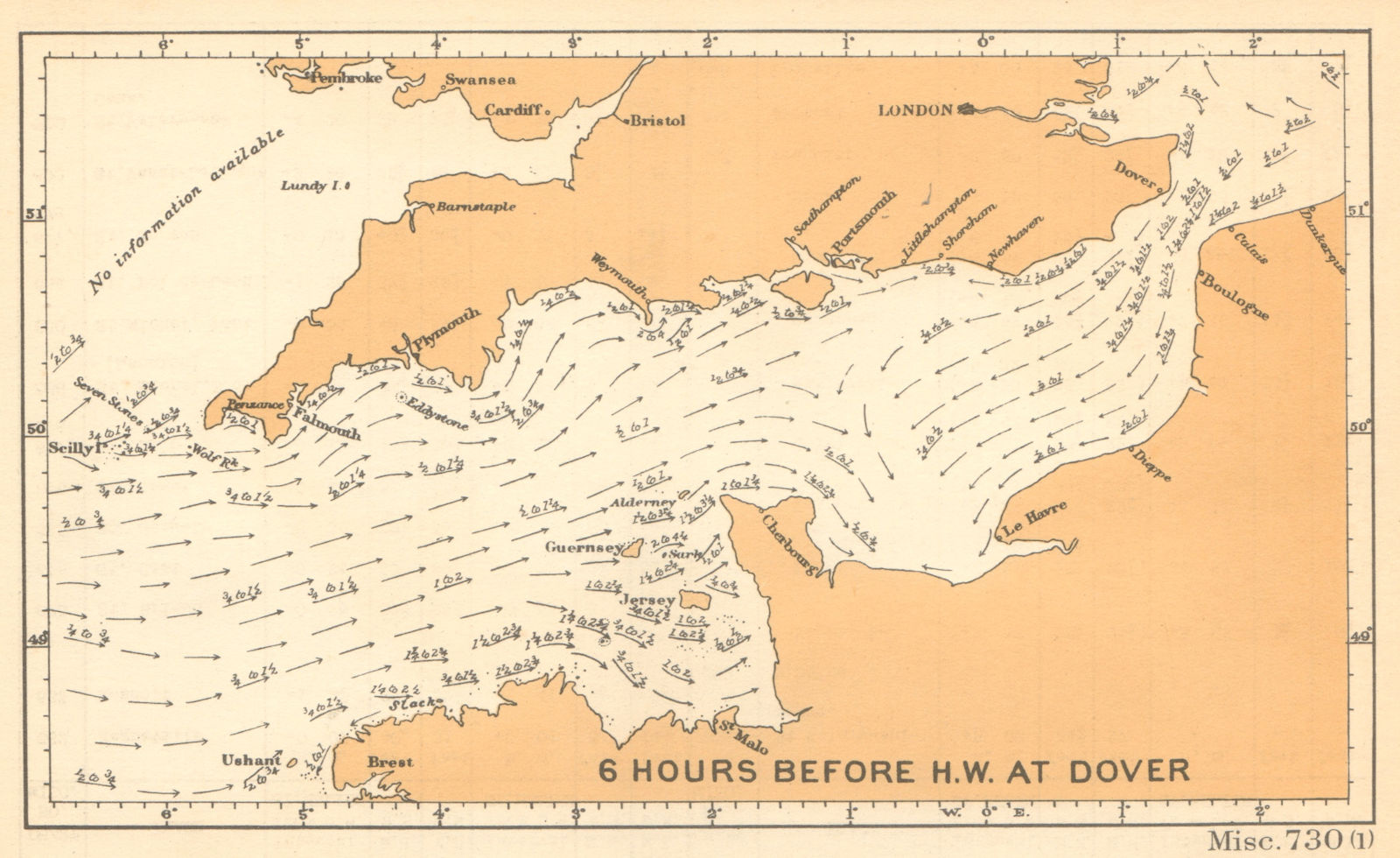 English Channel currents 6 hours before high water at Dover. ADMIRALTY 1943 map