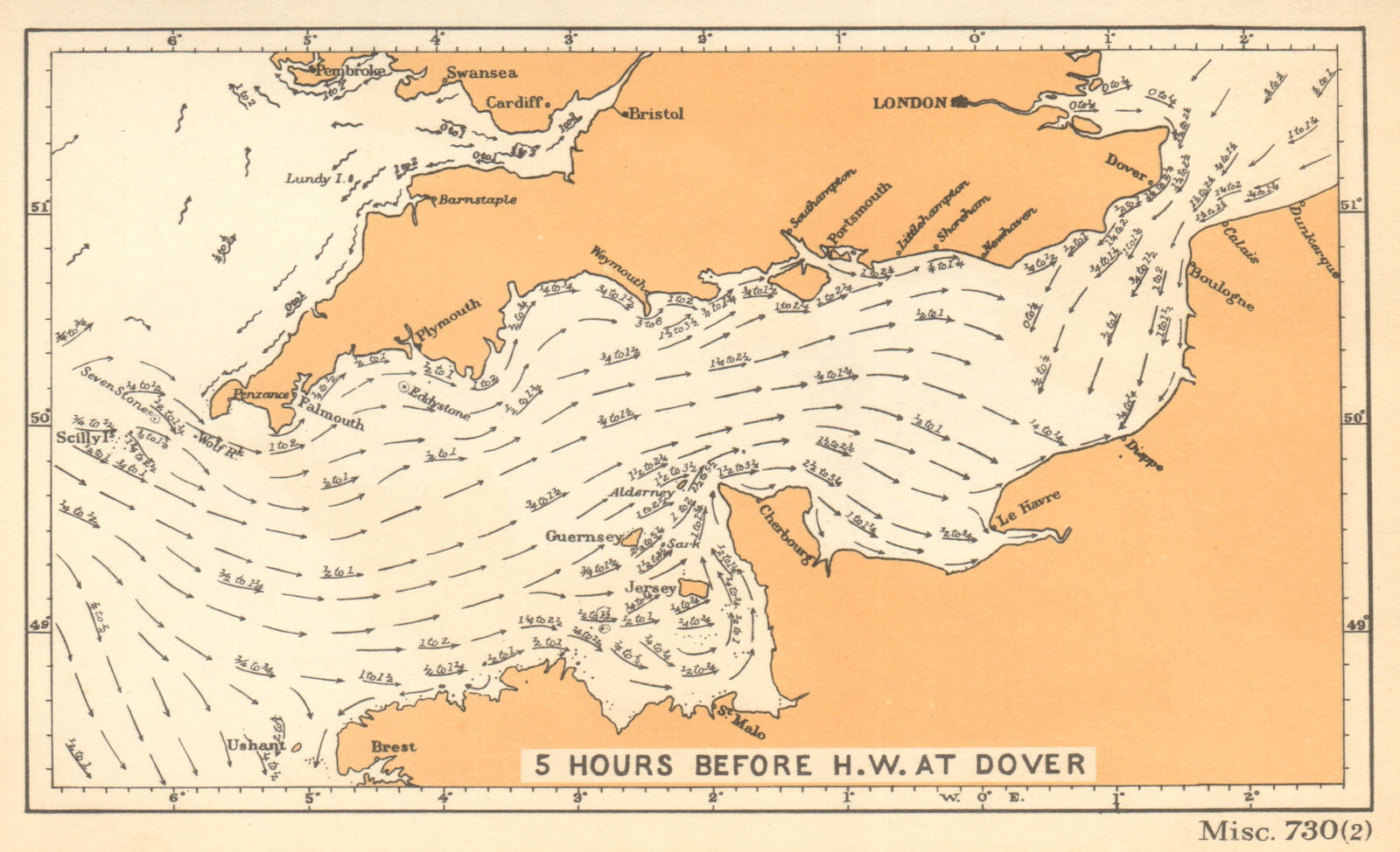 Associate Product English Channel currents 5 hours before high water at Dover. ADMIRALTY 1943 map