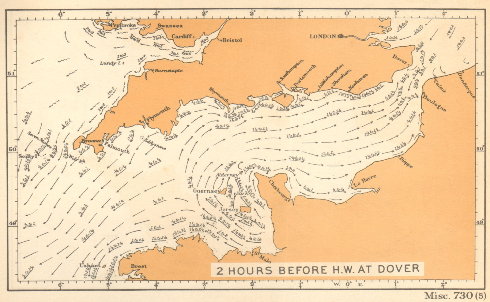 English Channel currents 2 hours before high water at Dover. ADMIRALTY 1943 map