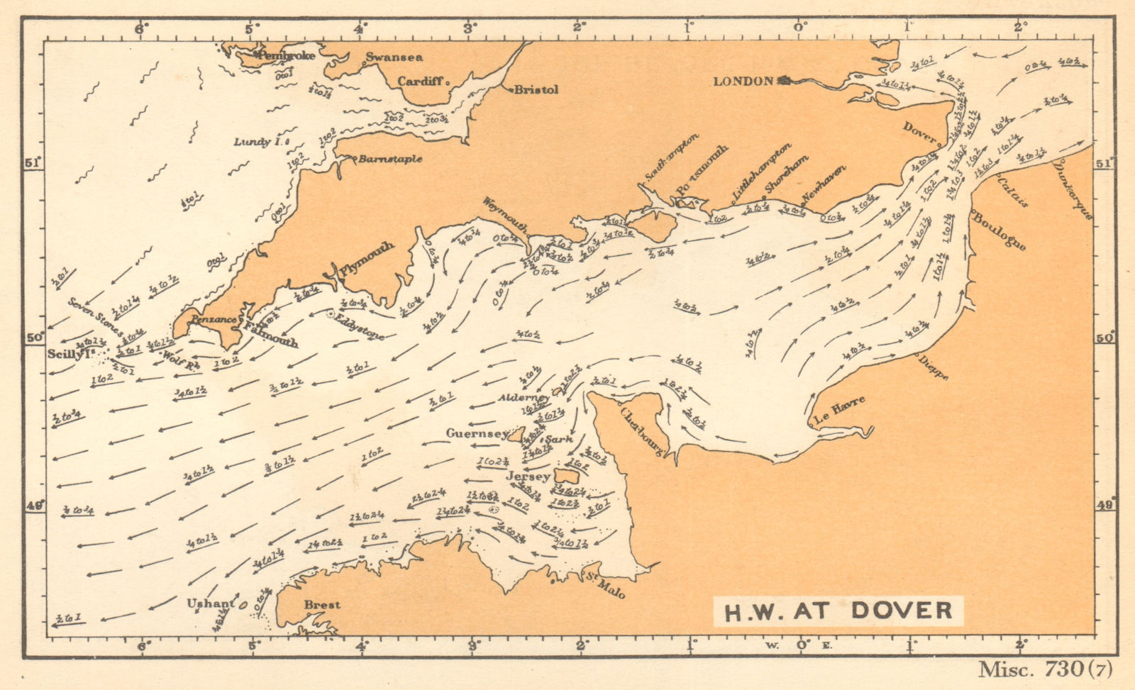 English Channel currents high water at Dover. ADMIRALTY 1943 old vintage map