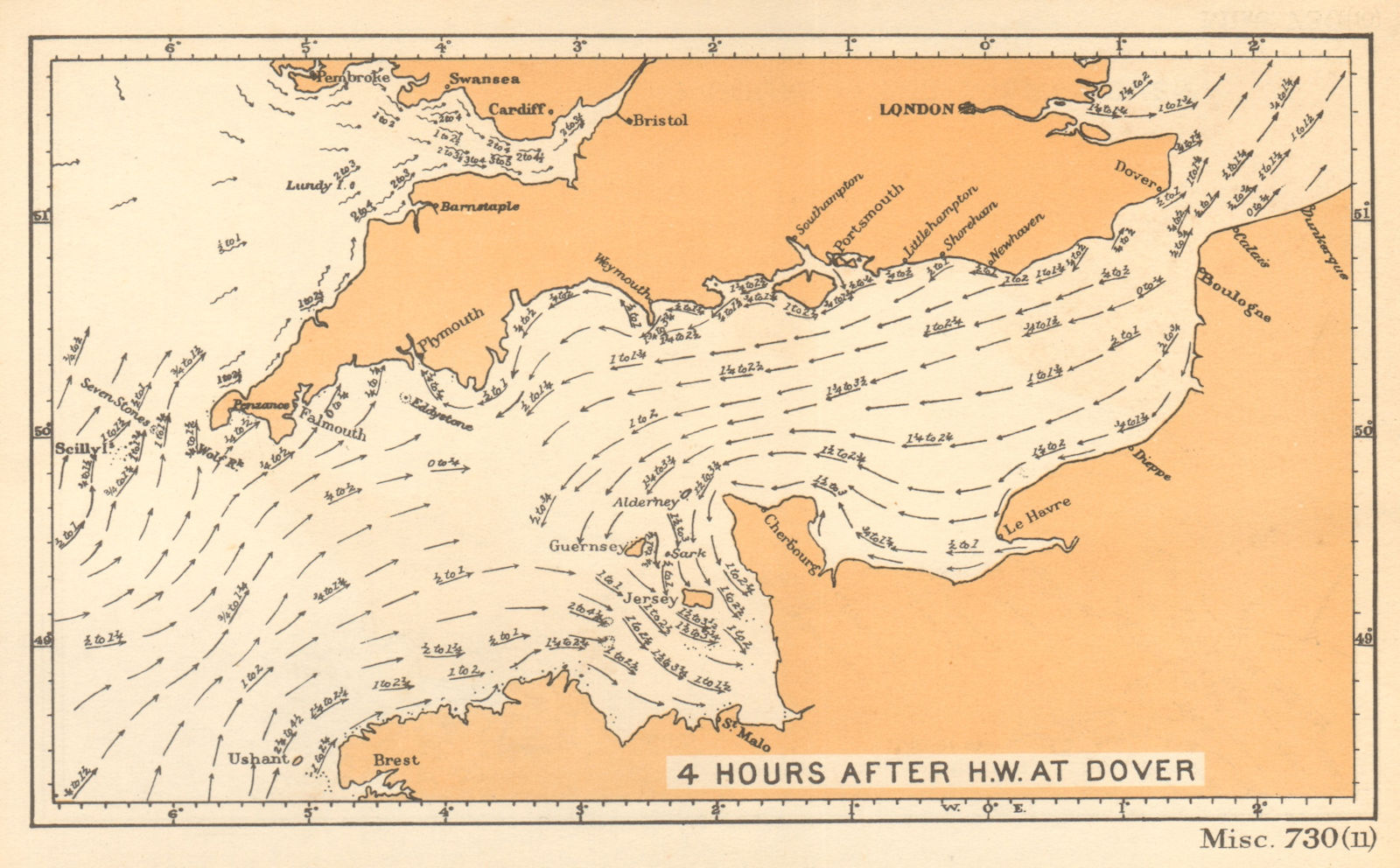 Associate Product English Channel currents 4 hours after high water at Dover. ADMIRALTY 1943 map