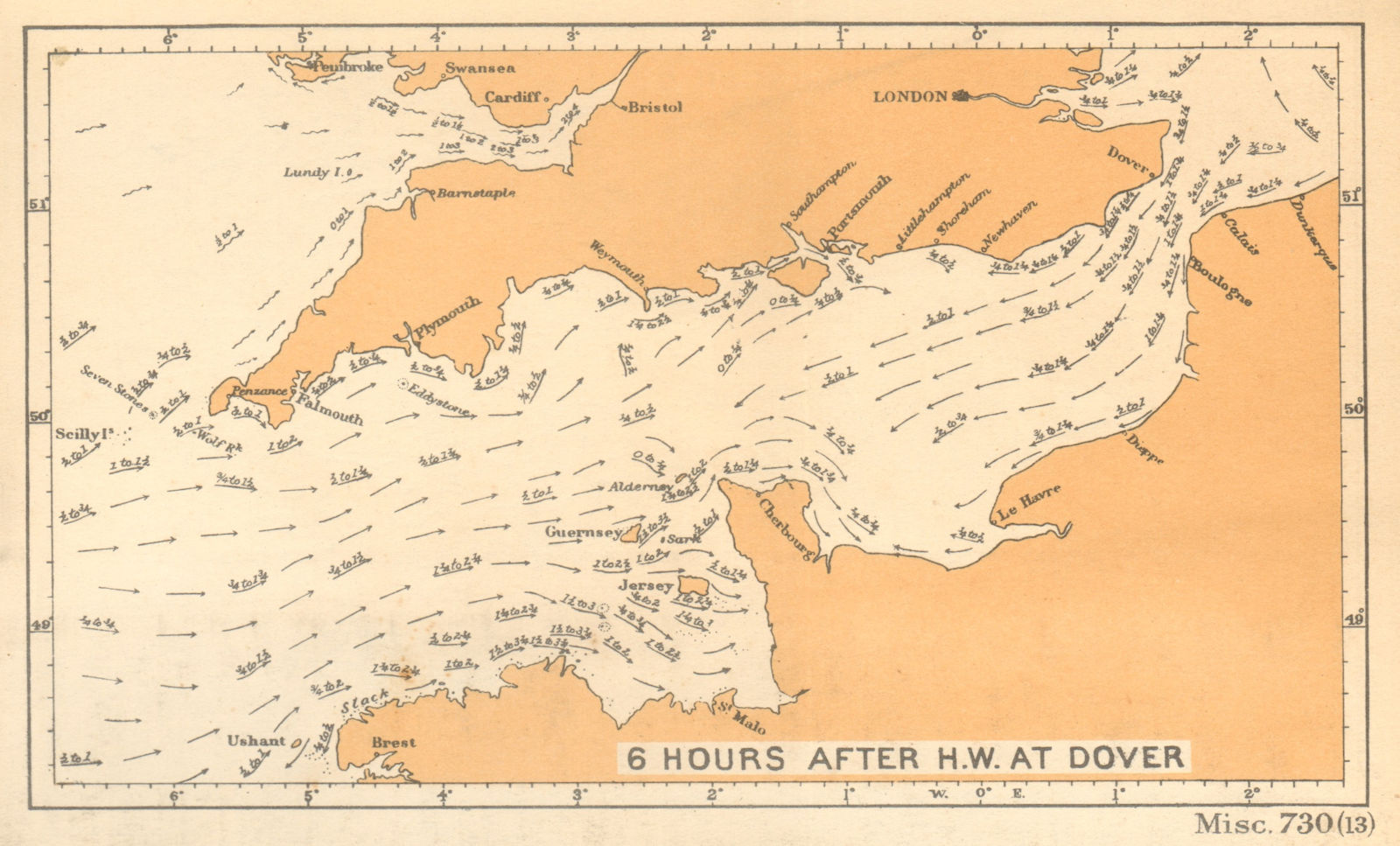 English Channel currents 6 hours after high water at Dover. ADMIRALTY 1943 map