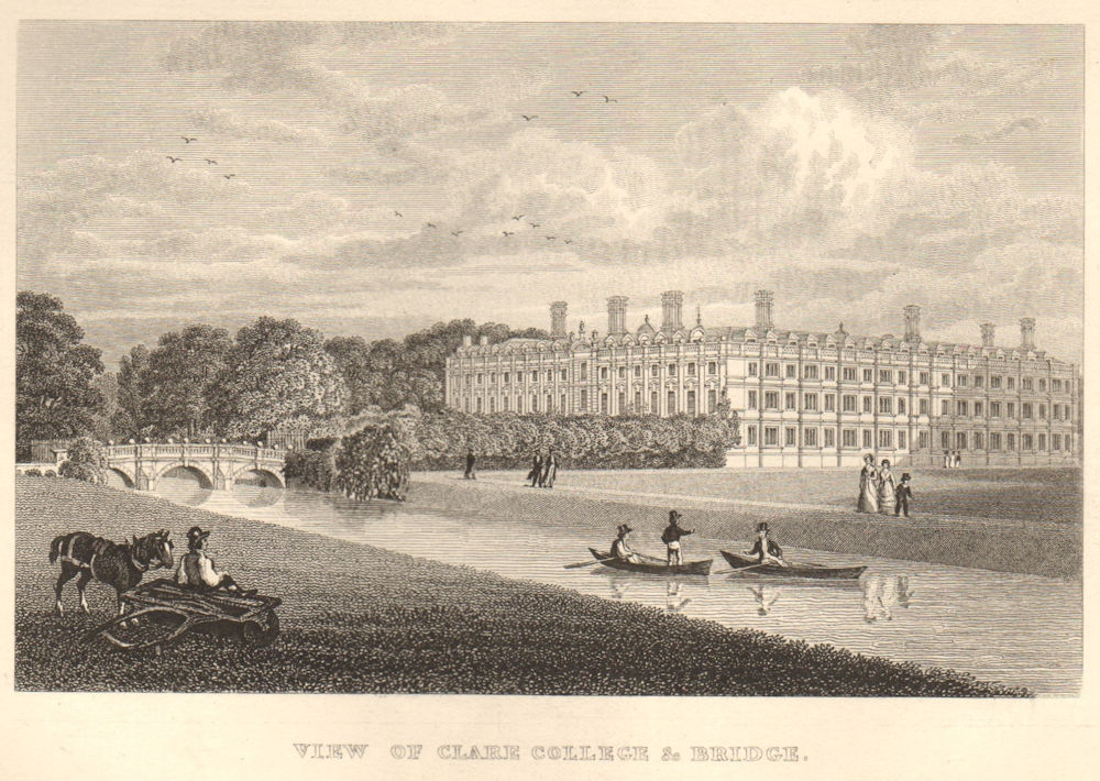 View of Clare College & Bridge, Cambridge. LE KEUX 1841 old antique print