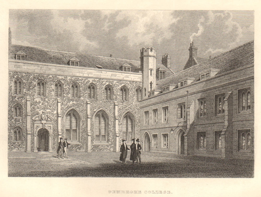 Pembroke College - First Court, Cambridge. LE KEUX 1841 old antique print