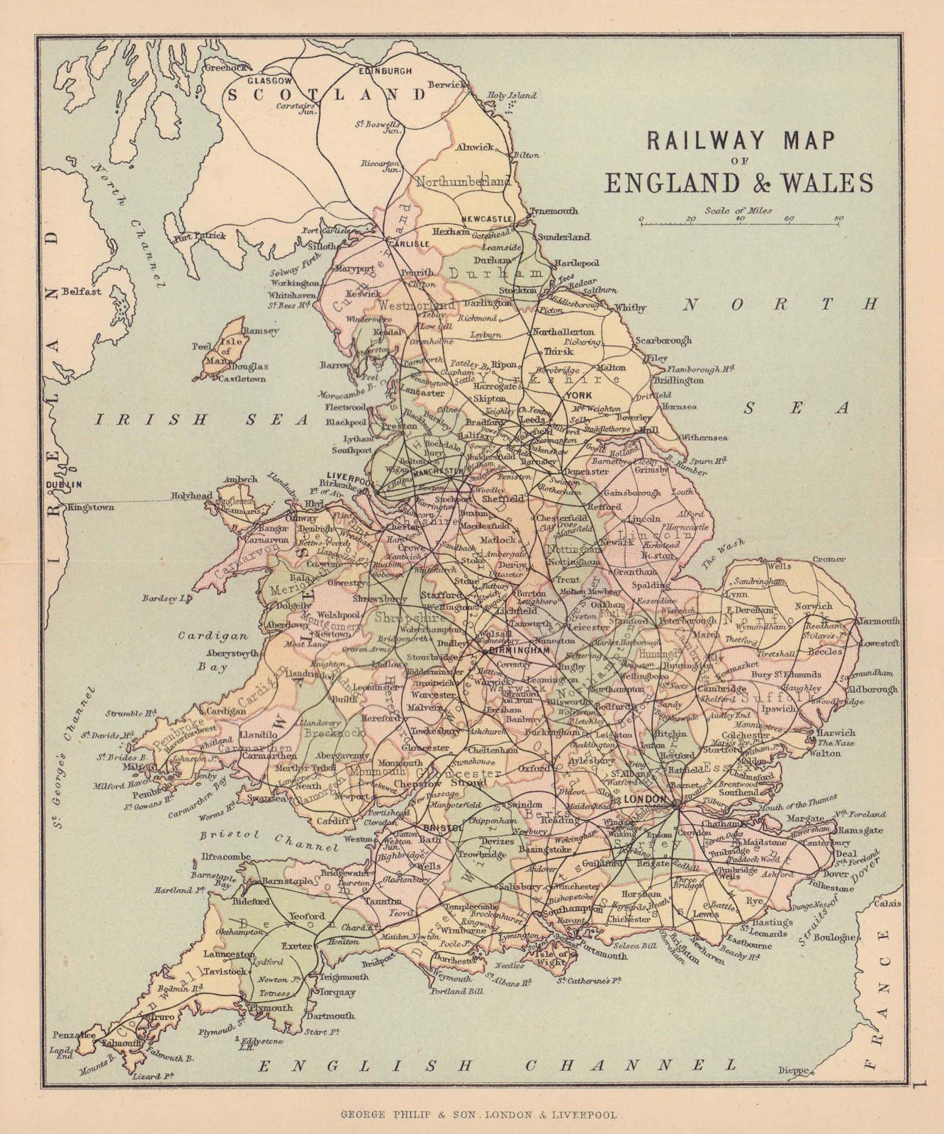 GREAT BRITAIN RAILWAYS. Railway map of England & Wales. PHILIP 1885 old