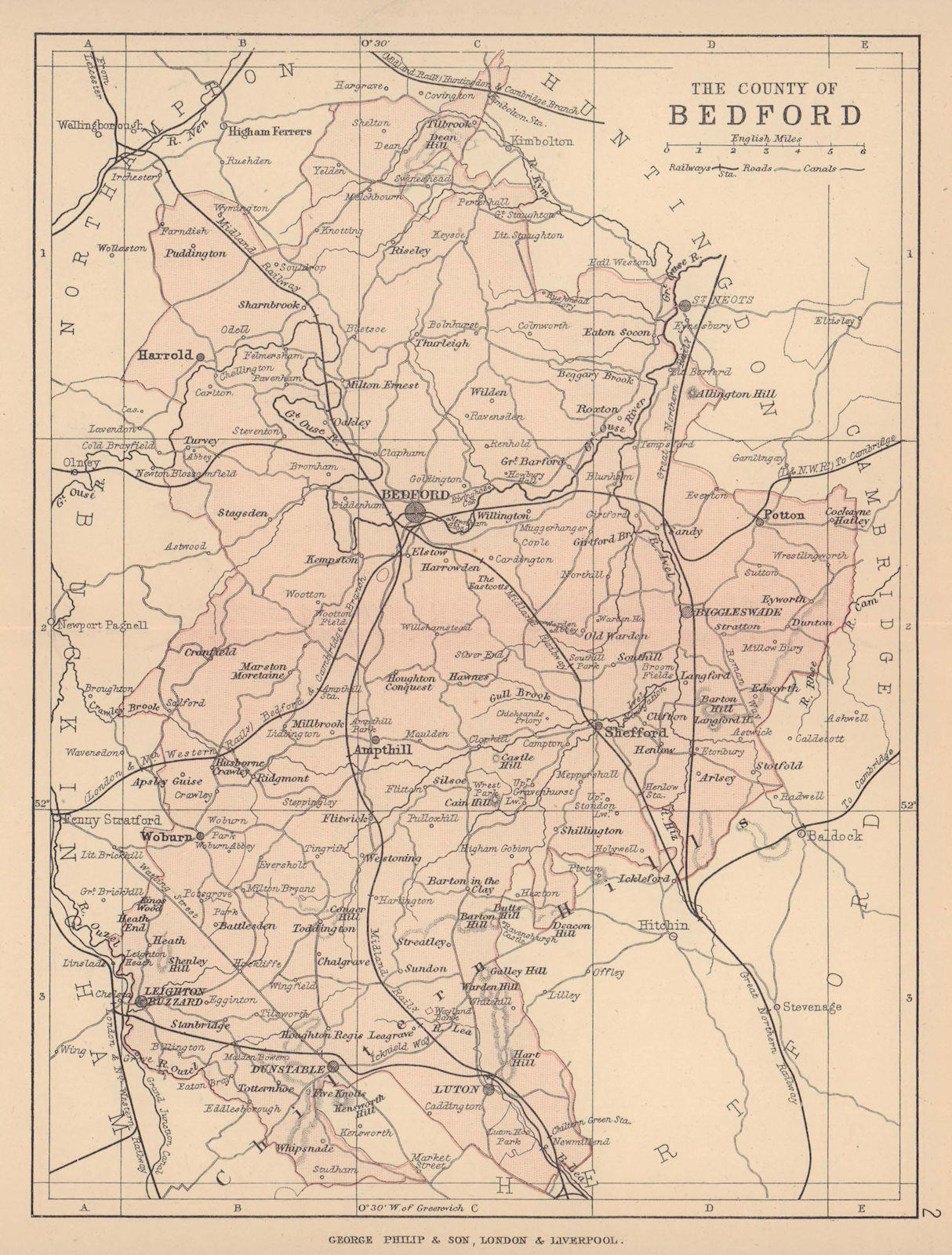 BEDFORDSHIRE. Antique county map. Railways roads canals. PHILIP 1885 old