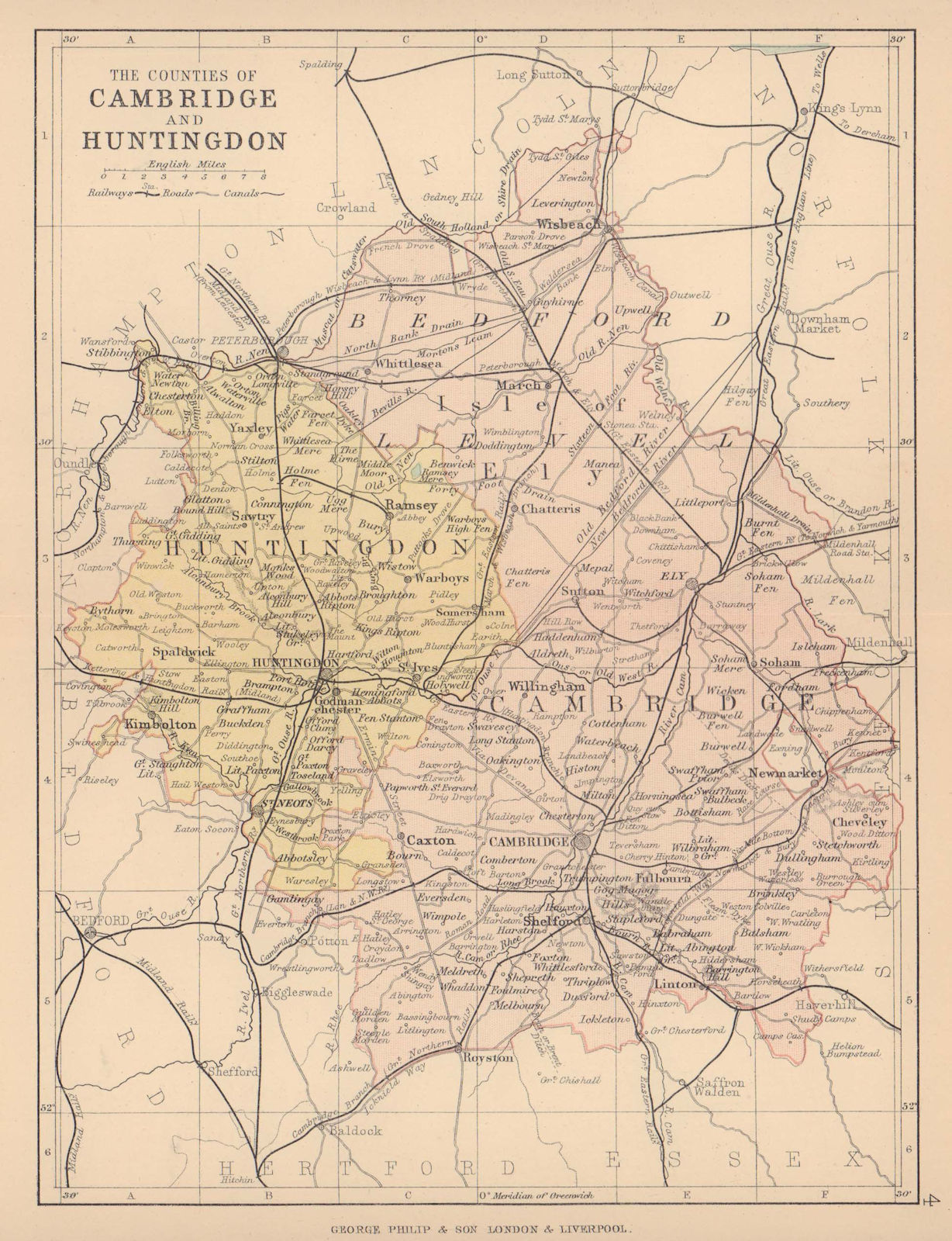CAMBRIDGESHIRE & HUNTINGDONSHIRE. Antique county map. Railways. PHILIP 1885