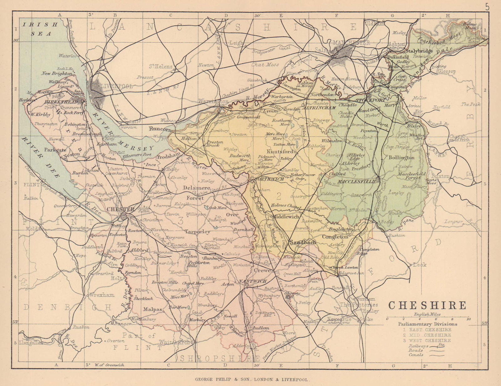 CHESHIRE. Antique county map. Railways roads canals. Constituencies. PHILIP 1885