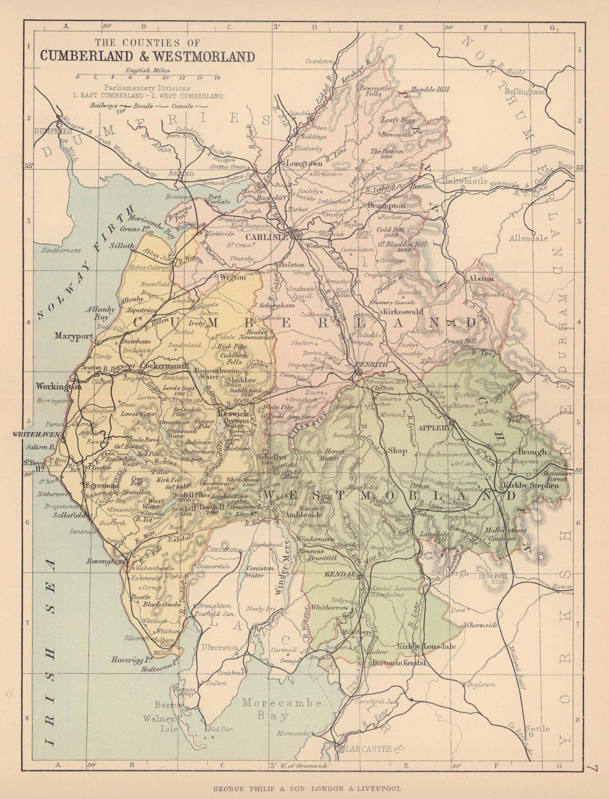 CUMBERLAND & WESTMORELAND. County map. Railways Constituencies. PHILIP 1885