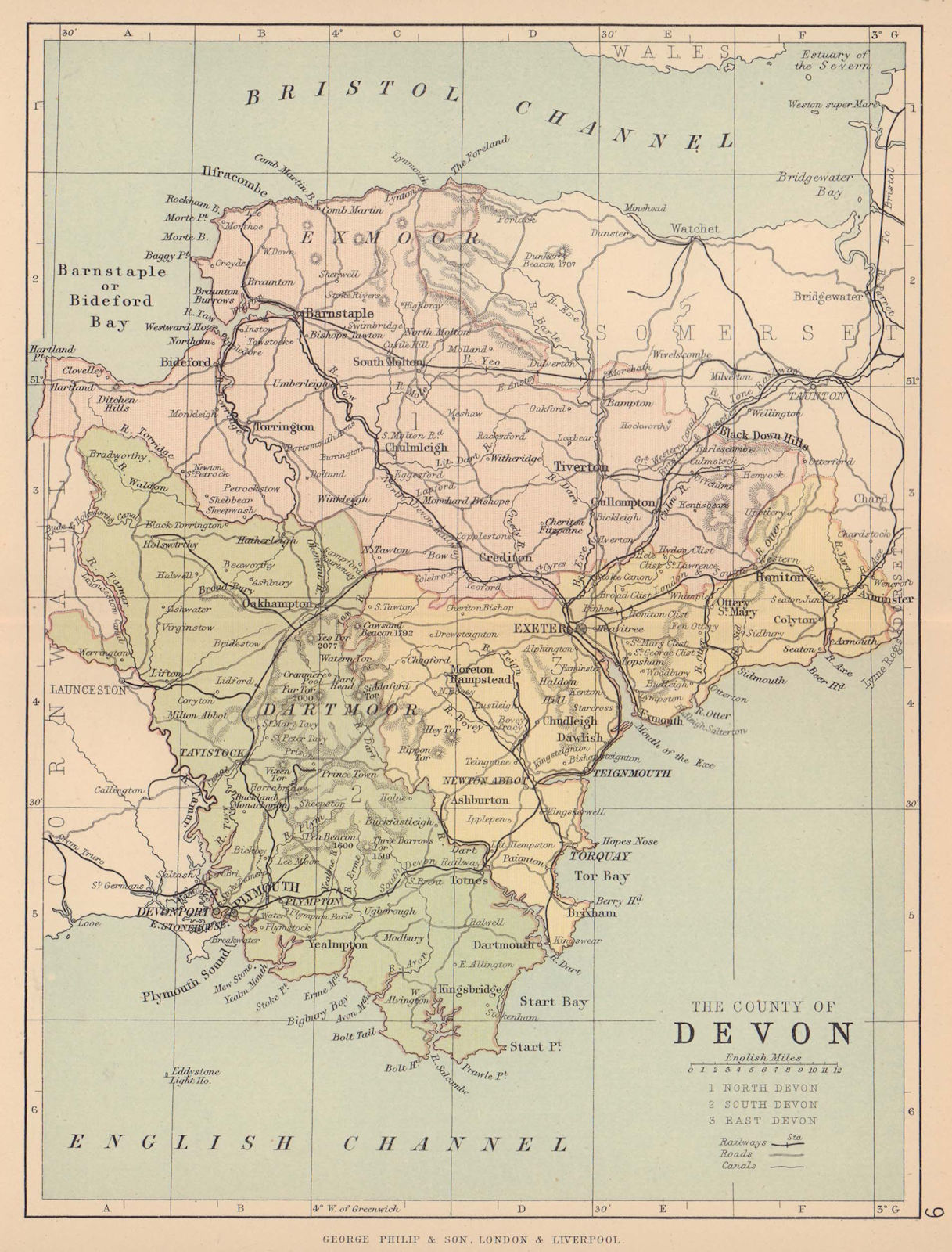 DEVONSHIRE. Antique county map. Railways canals. Constituencies. PHILIP 1885