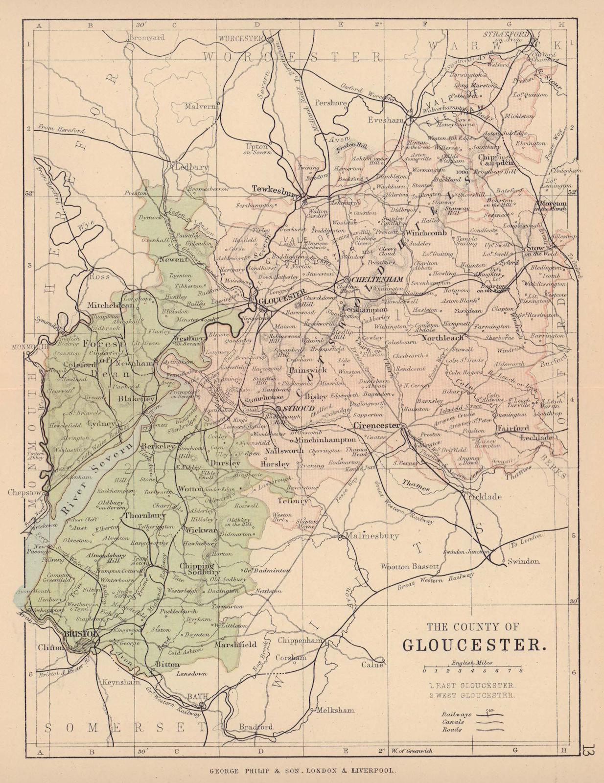 GLOUCESTERSHIRE. County map. Railways canals. Constituencies. PHILIP 1885