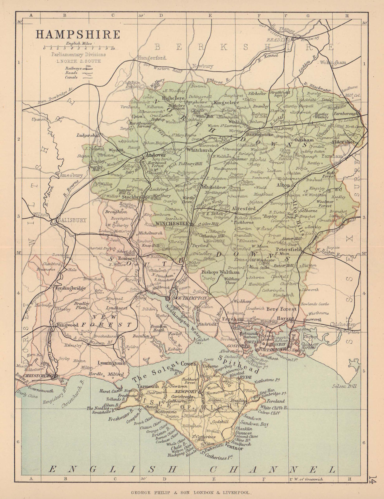 HAMPSHIRE. Antique county map. Railways roads canals constituencies. PHILIP 1885