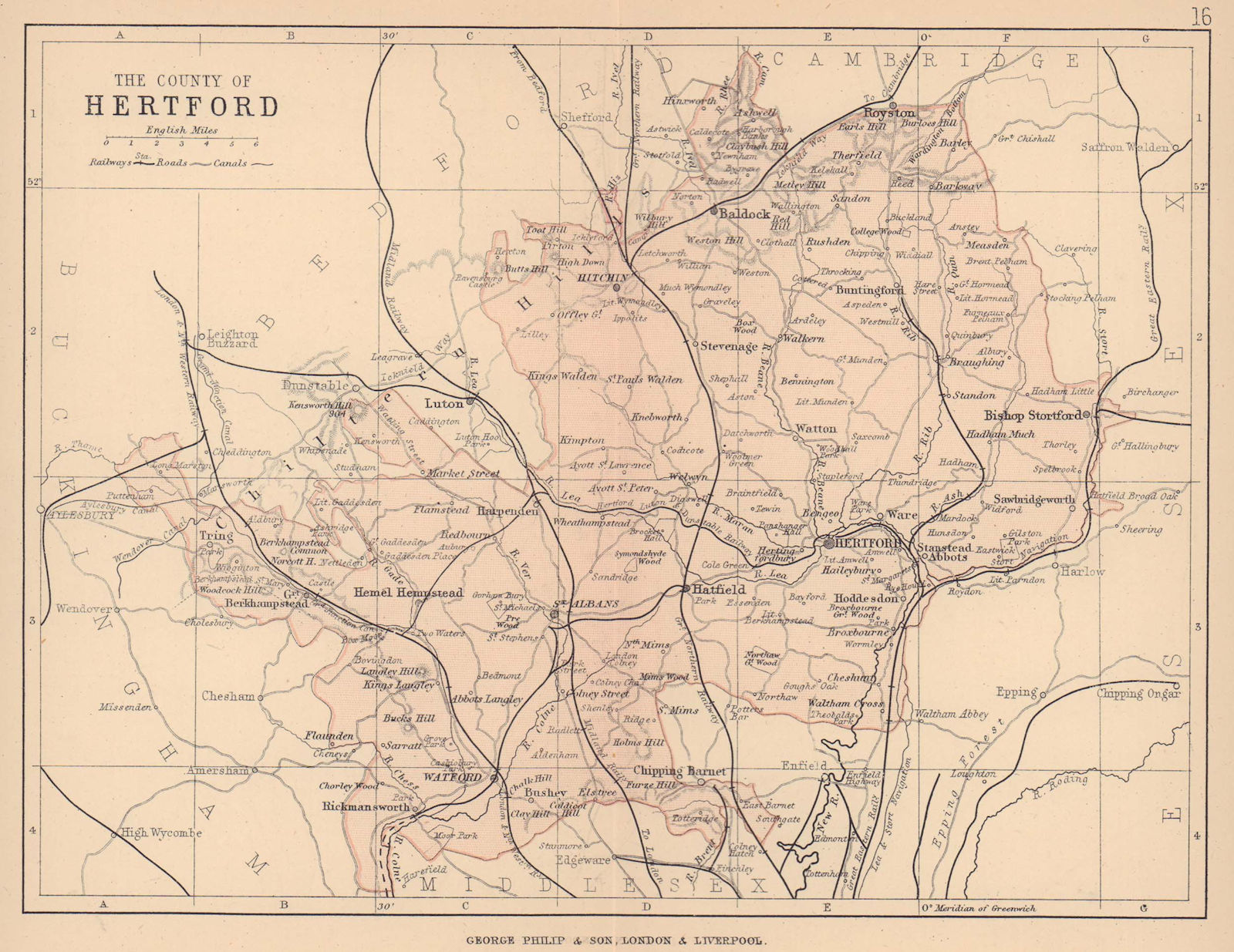 HERTFORDSHIRE. Antique county map. Railways roads canals. PHILIP 1885 old