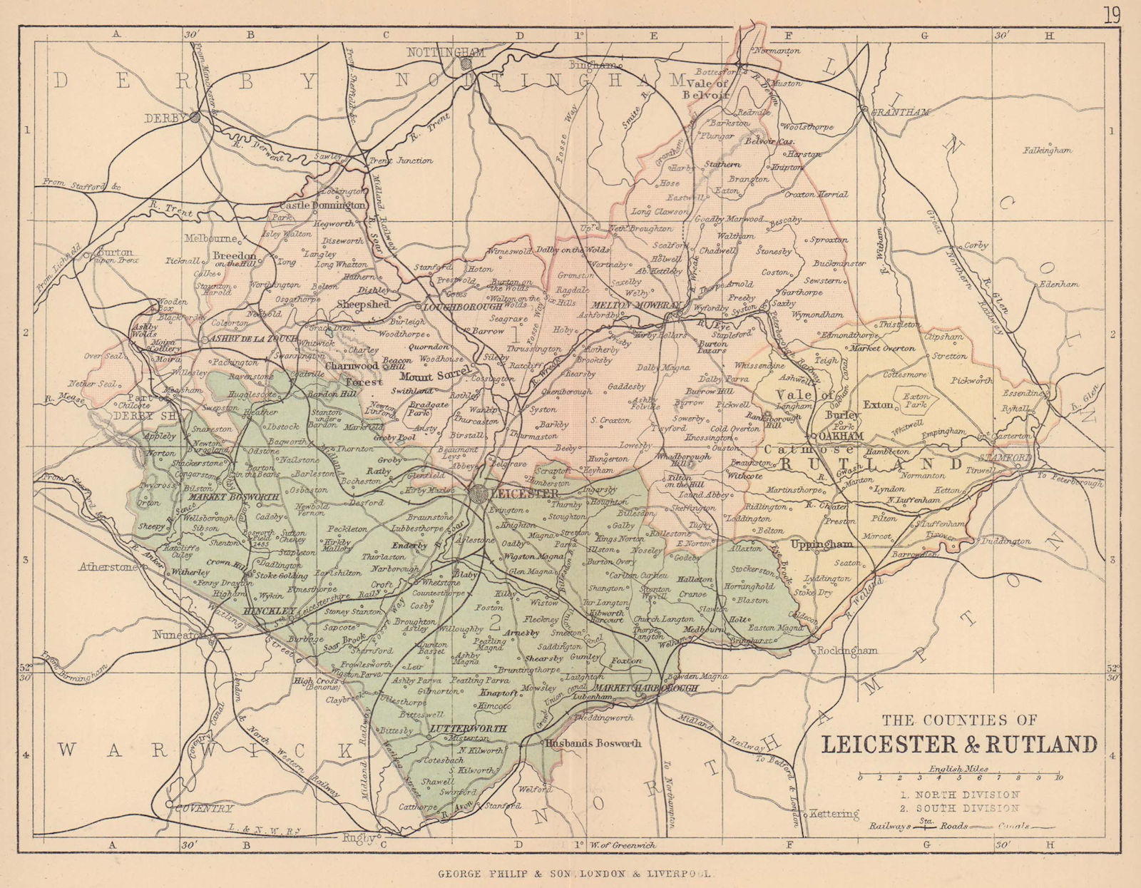 LEICESTERSHIRE & RUTLAND. Antique county map. Constituencies. PHILIP 1885