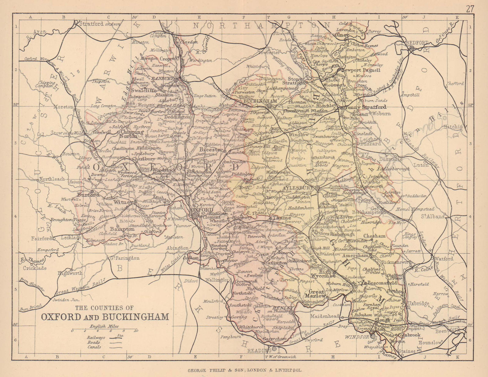 Associate Product OXFORDSHIRE & BUCKINGHAMSHIRE. County map. Railways constituencies. PHILIP 1885