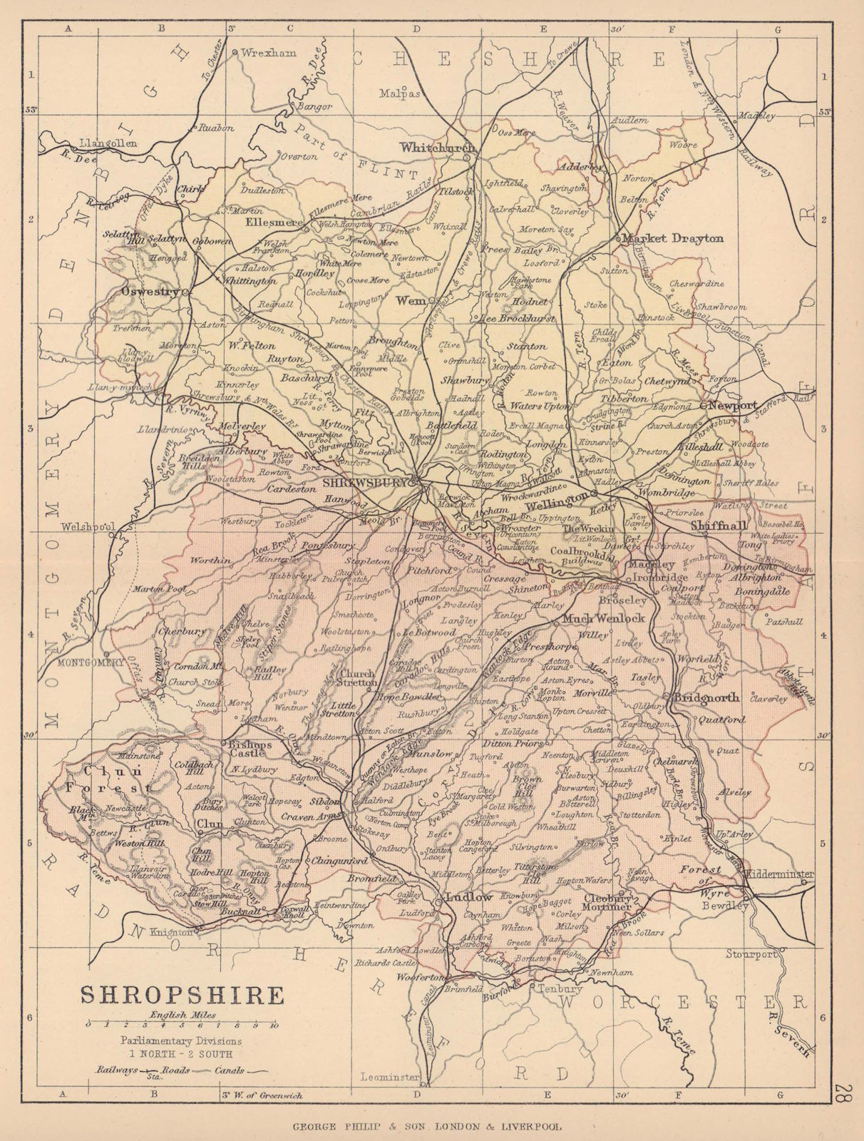 SHROPSHIRE. Antique county map. Railways canals. Constituencies. PHILIP 1885