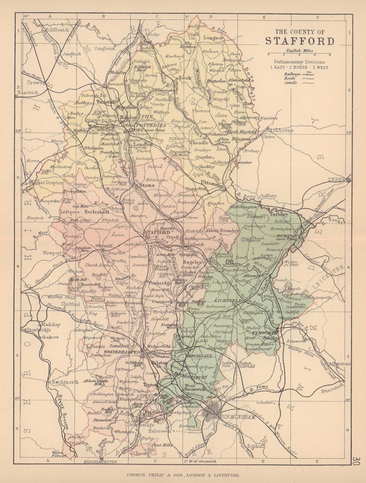 STAFFORDSHIRE. Antique county map. Railways canals. Constituencies. PHILIP 1885