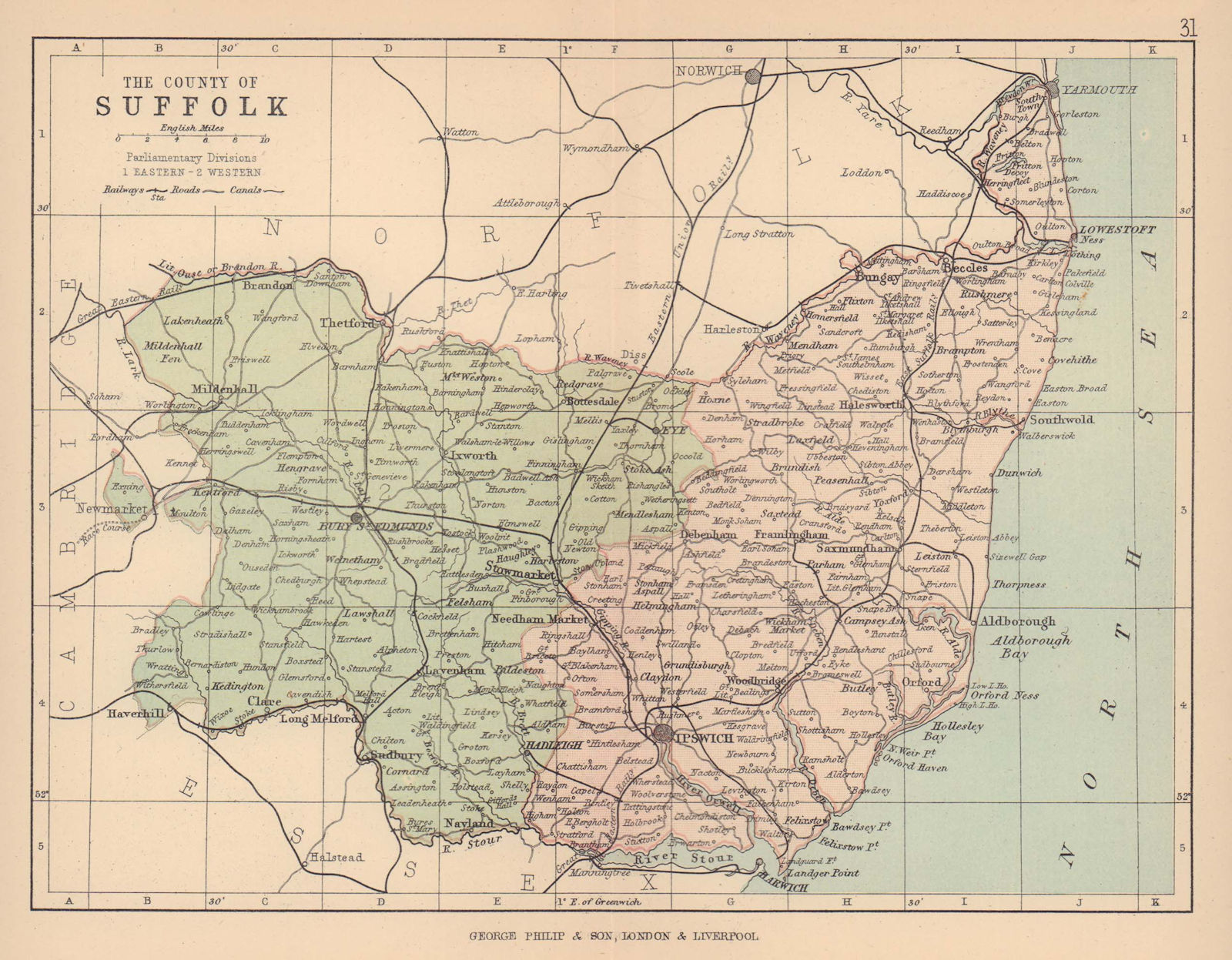 SUFFOLK. Antique county map. Railways roads canals. Constituencies. PHILIP 1885