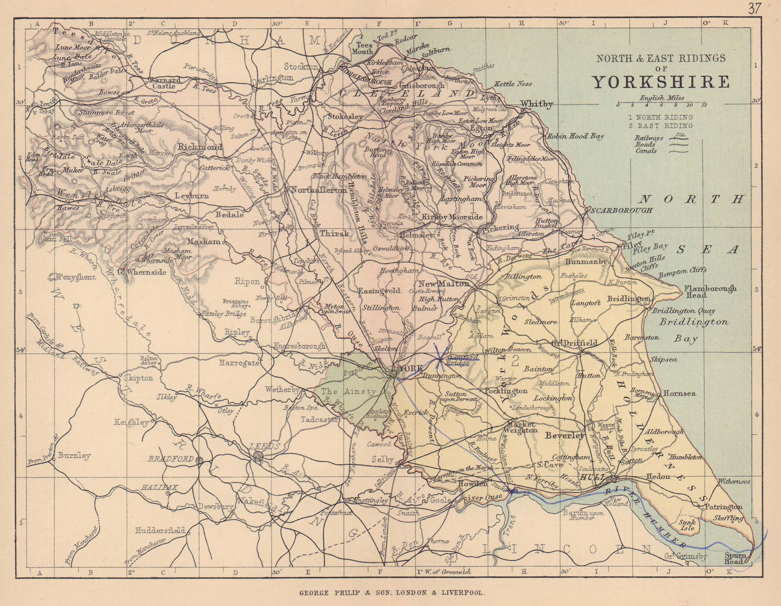 YORKSHIRE NORTH & EAST RIDINGS. County map. Railways constituencies. PHILIP 1885