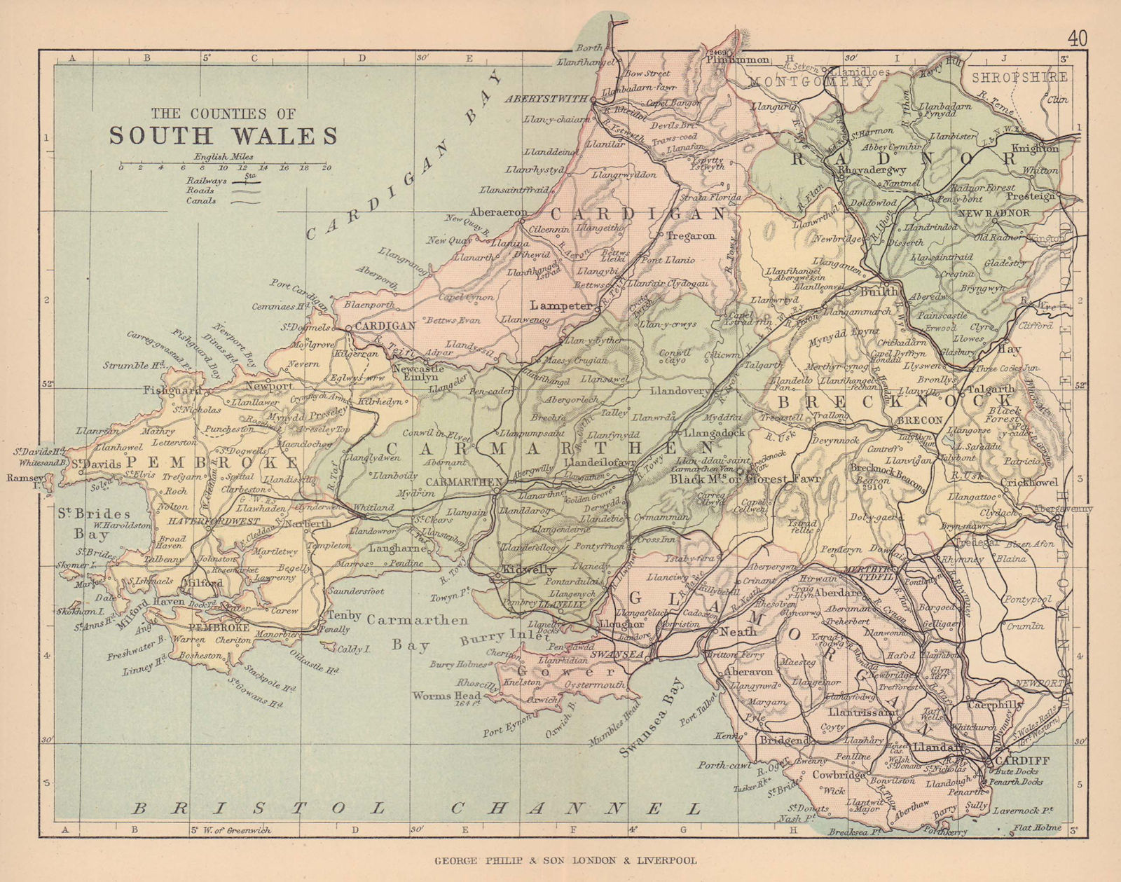 SOUTH WALES. Antique map. Counties Railways roads canals. PHILIP 1885 old