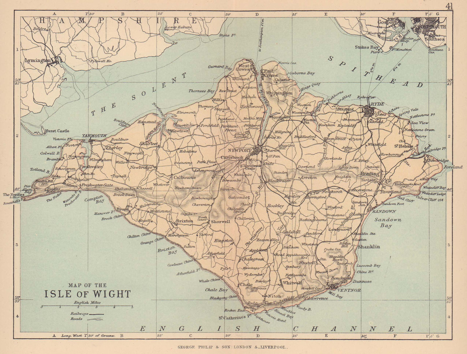 Associate Product ISLE OF WIGHT. Antique map. Railways roads. Constituencies. PHILIP 1885