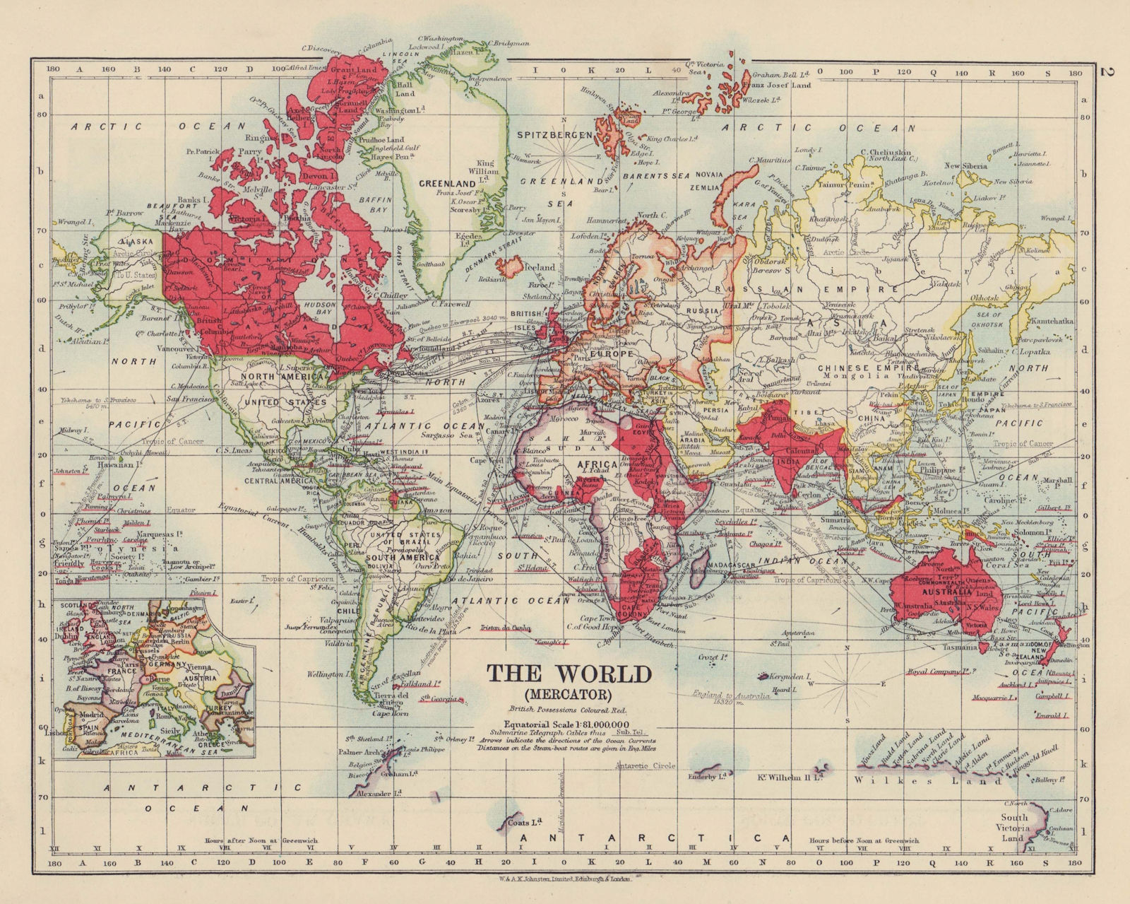 BRITISH EMPIRE. World Mercator. Currents. Steamship routes. JOHNSTON 1910 map