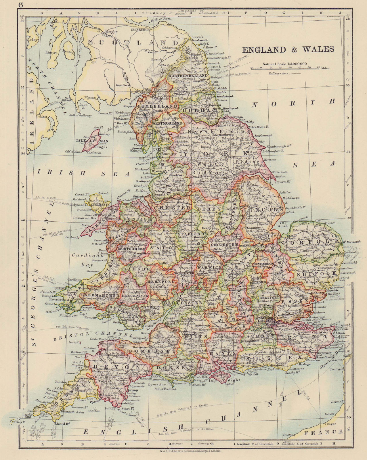 Associate Product ENGLAND AND WALES. Counties. Westmorland. Telegraph cables. JOHNSTON 1910 map