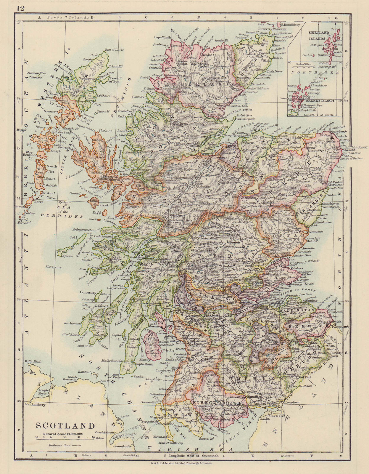 Associate Product SCOTLAND. Counties. Undersea telegraph cables. JOHNSTON 1910 old antique map