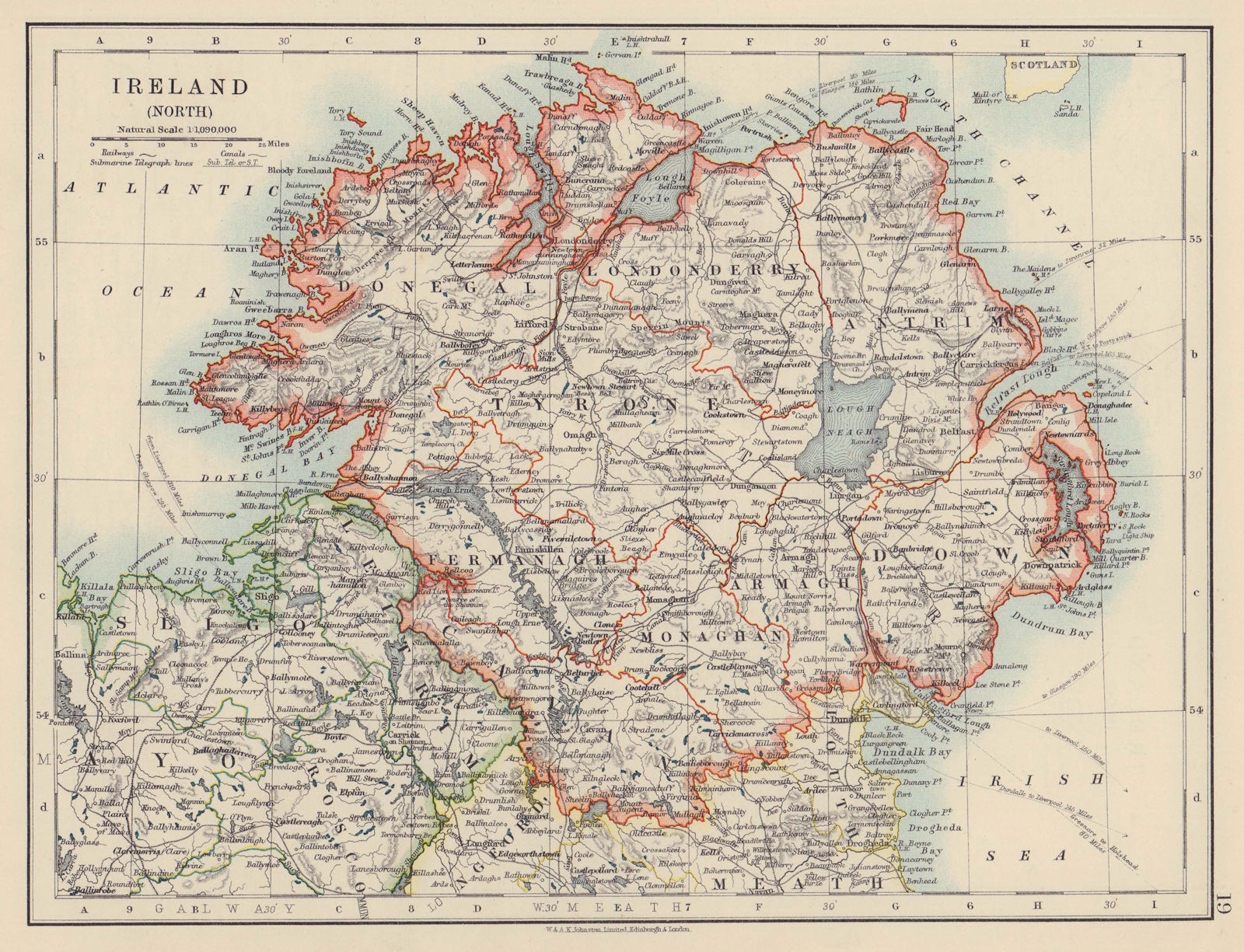 Associate Product ULSTER. Antrim Down Armagh Cavan Tyrone &c. Northern Ireland. JOHNSTON 1910 map