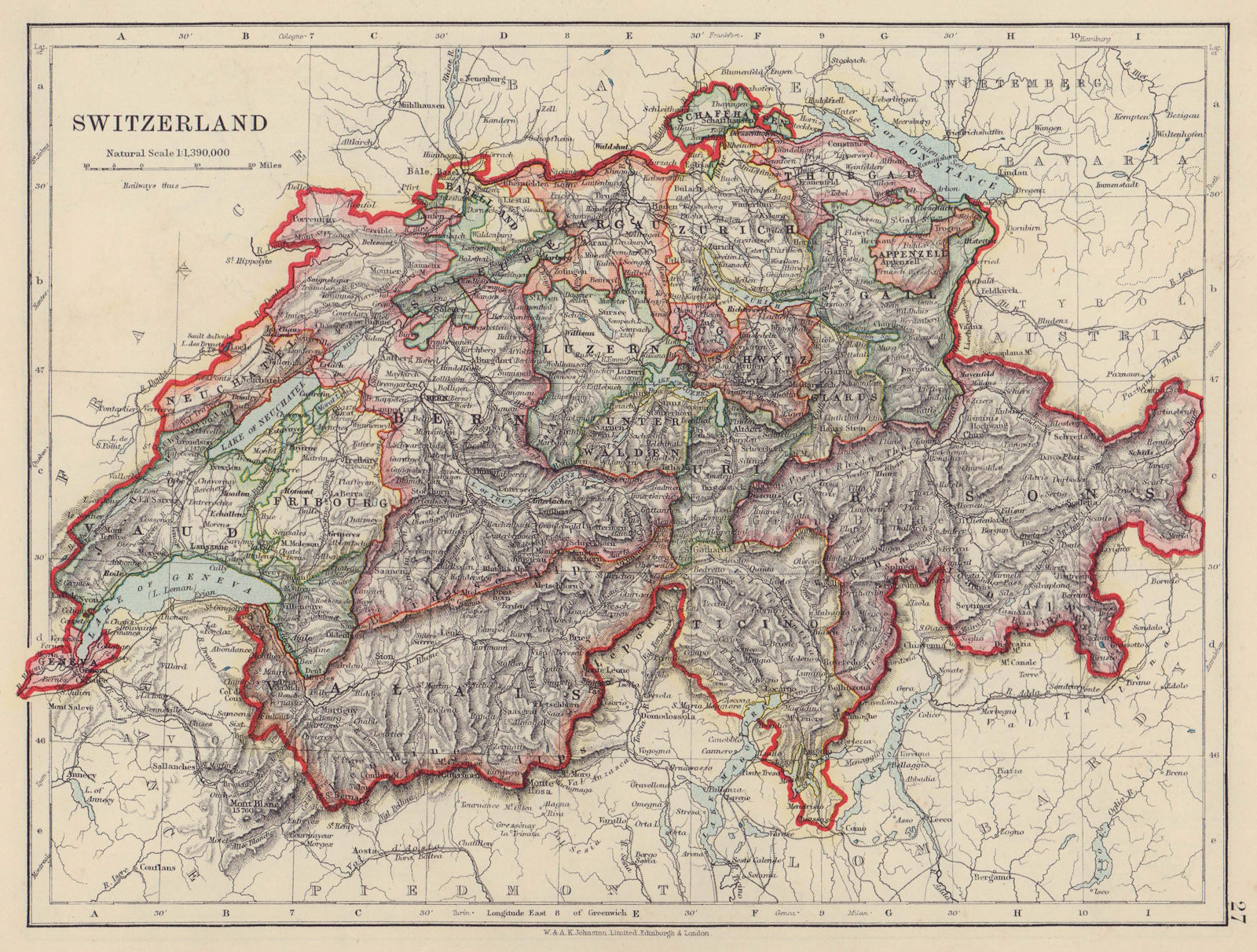 SWITZERLAND. Shows cantons & railways. Alps. Italian lakes. JOHNSTON 1910 map