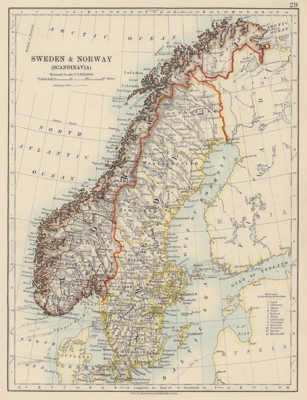 SCANDINAVIA Sweden Norway. Railways Undersea telegraph cables. JOHNSTON 1910 map