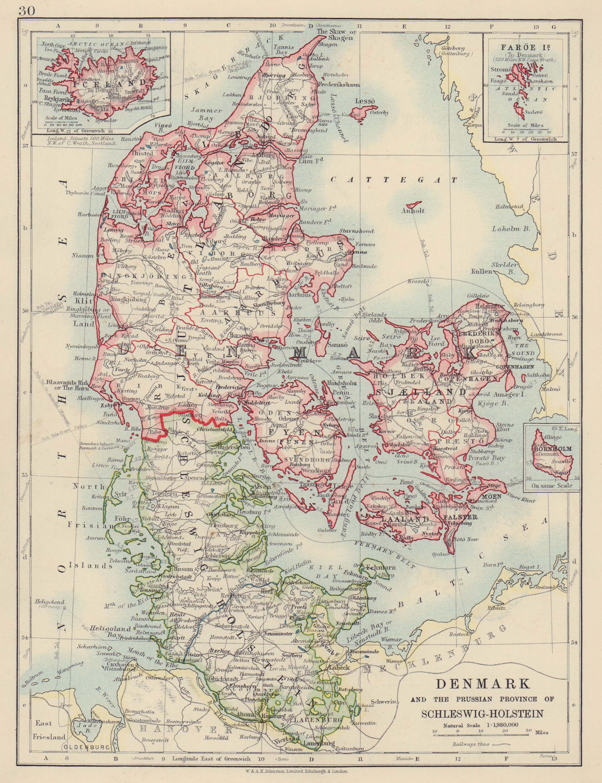 Associate Product DENMARK SLESVIG-HOLSTEN. Prussian Schleswig-Holstein. JOHNSTON 1910 old map