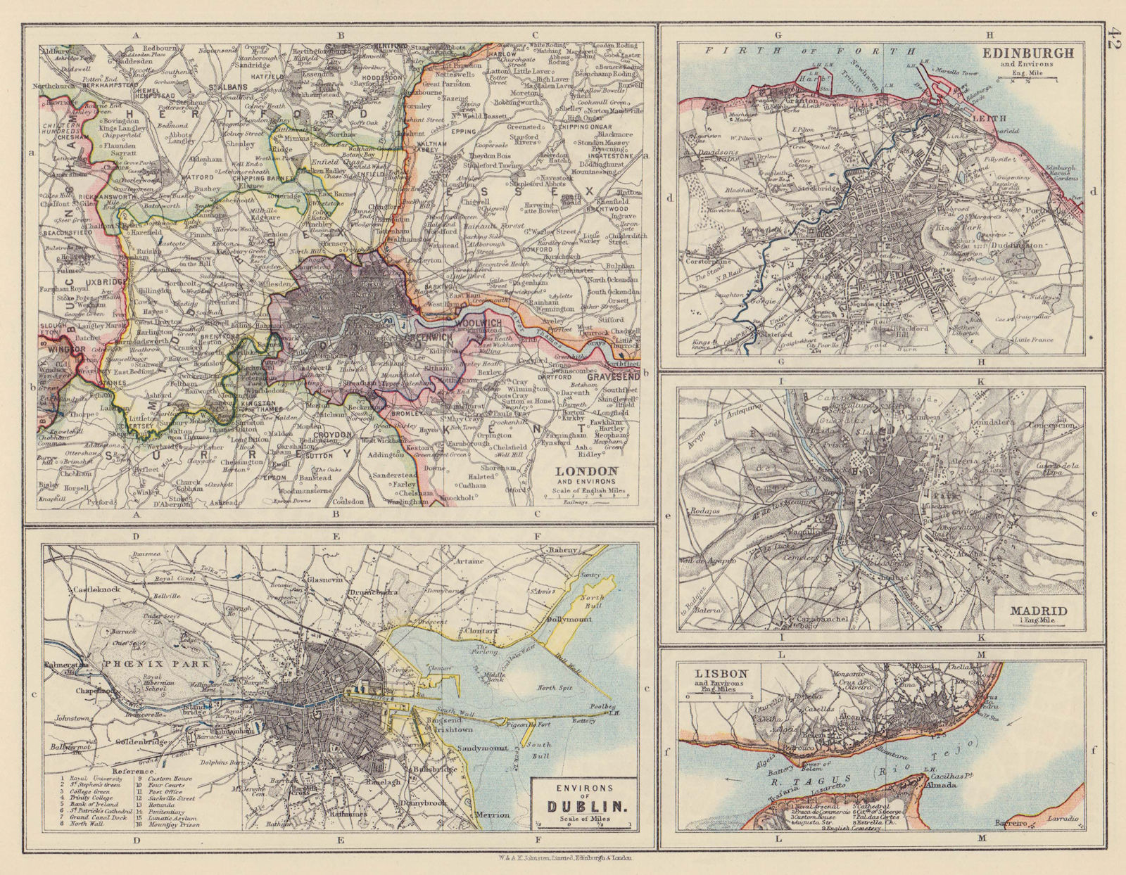 Associate Product EUROPEAN CITIES. London Edinburgh Madrid Lisbon Dublin. JOHNSTON 1910 old map