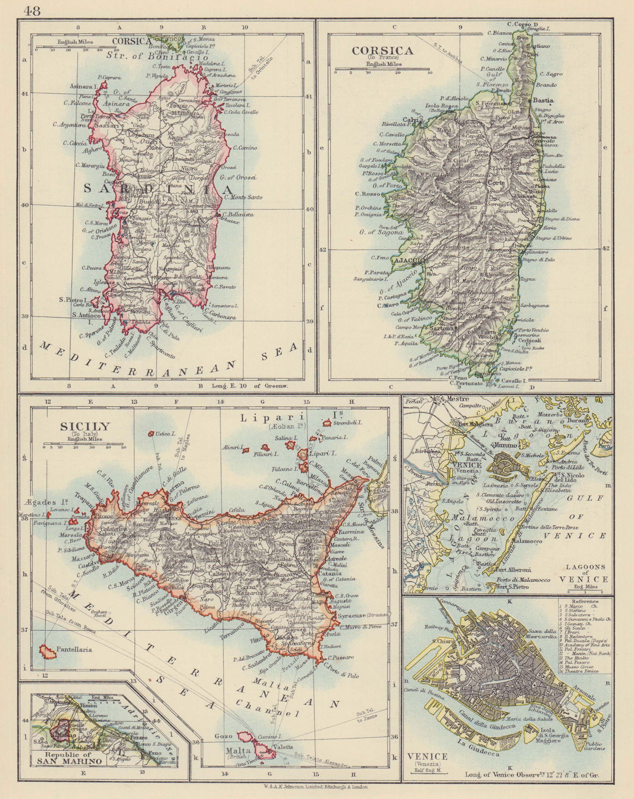 Associate Product MEDITERRANEAN ISLANDS. Sardinia Corsica Venice Sicily Venezia. JOHNSTON 1910 map