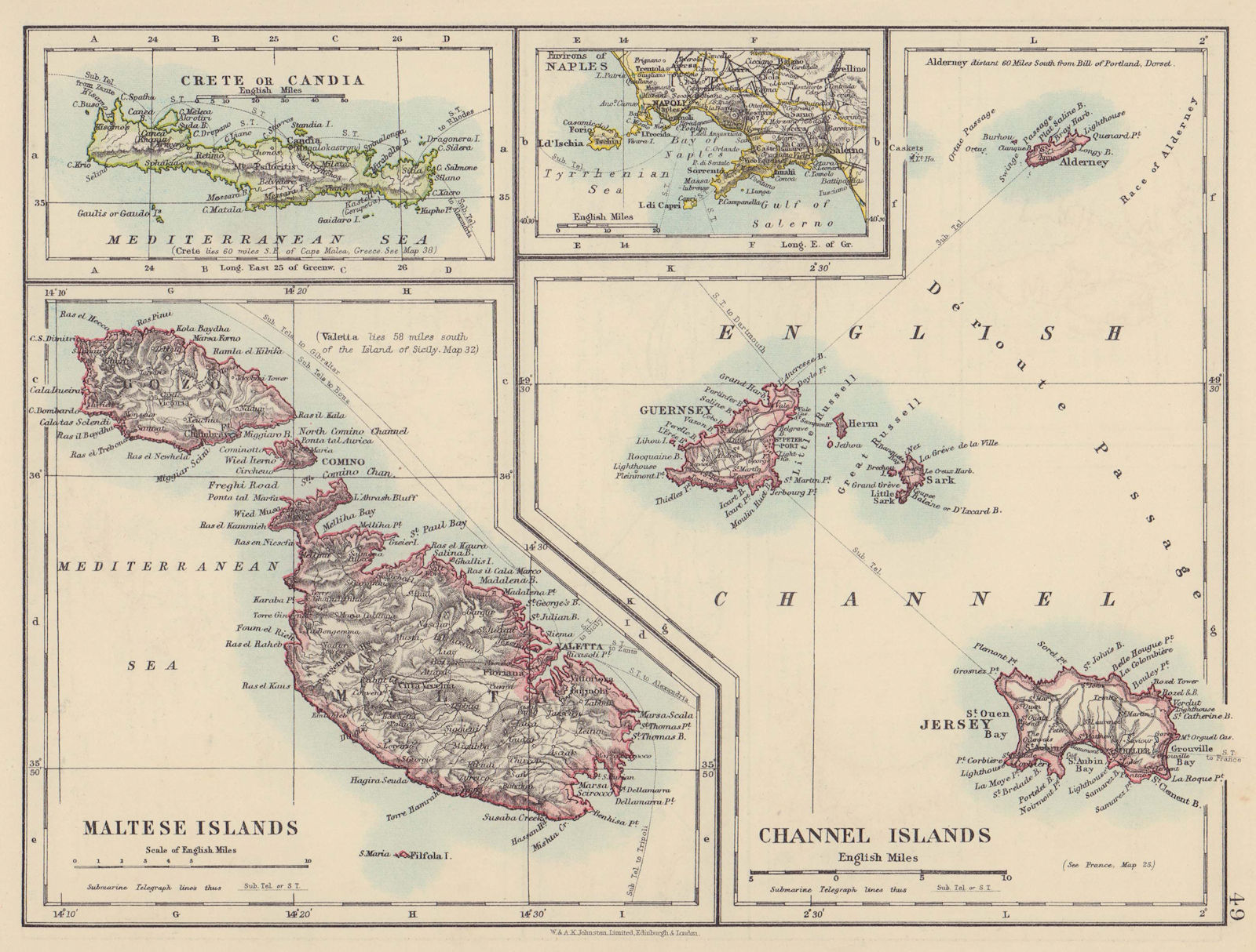 EUROPEAN ISLANDS. Malta Gozo Crete Capri Jersey Guernsey Sark. JOHNSTON 1910 map
