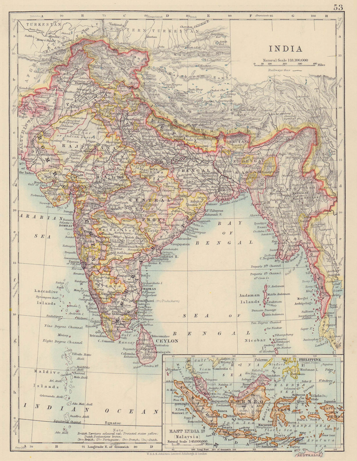 BRITISH INDIA. Showing states. Burma Nepal Bhutan Ceylon. JOHNSTON 1910 map