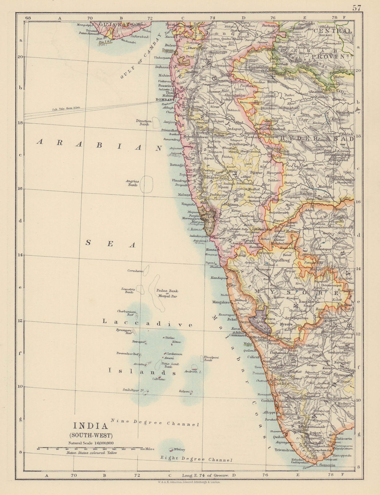 BRITISH INDIA SW. Bombay Mysore Malabar Coast Lakkadives. JOHNSTON 1910 map