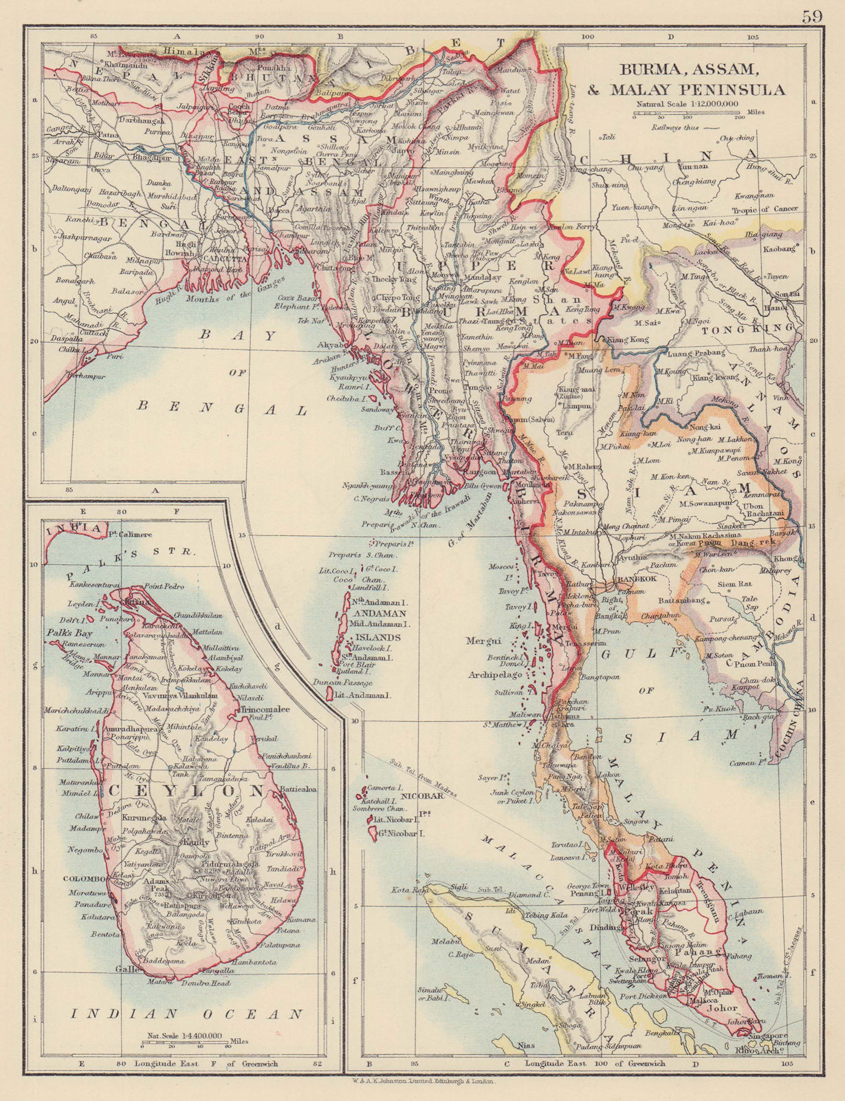 Associate Product BURMA CEYLON SIAM MALAY PENINSULA. Assam Singapore Thailand JOHNSTON 1910 map