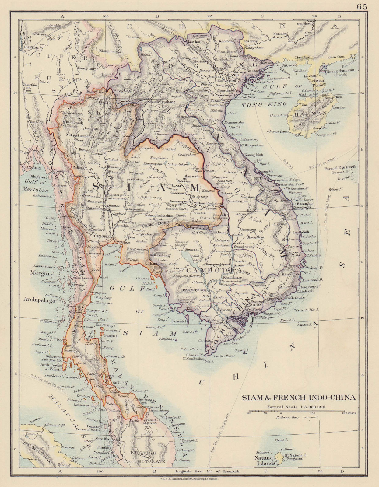 FRENCH INDOCHINA & SIAM. Thailand. Burma Cambodia Annam. JOHNSTON 1910 old map