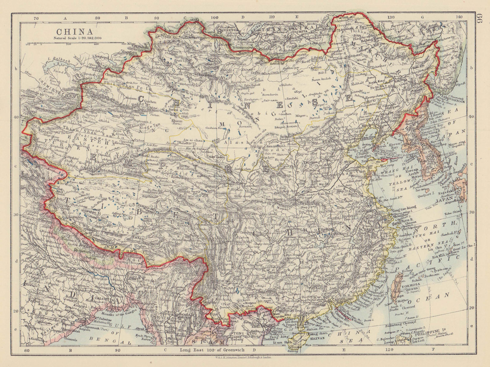 CHINESE EMPIRE. China East Asia Tibet Mongolia Turkestan Korea JOHNSTON 1910 map