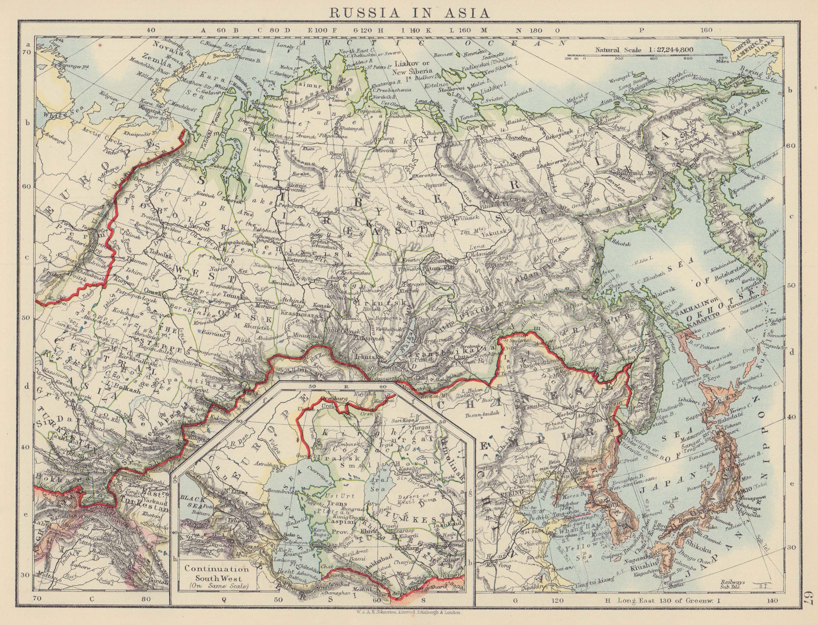 RUSSIA IN ASIA. Trans-Siberian railway. Japanese Korea. JOHNSTON 1910 old map