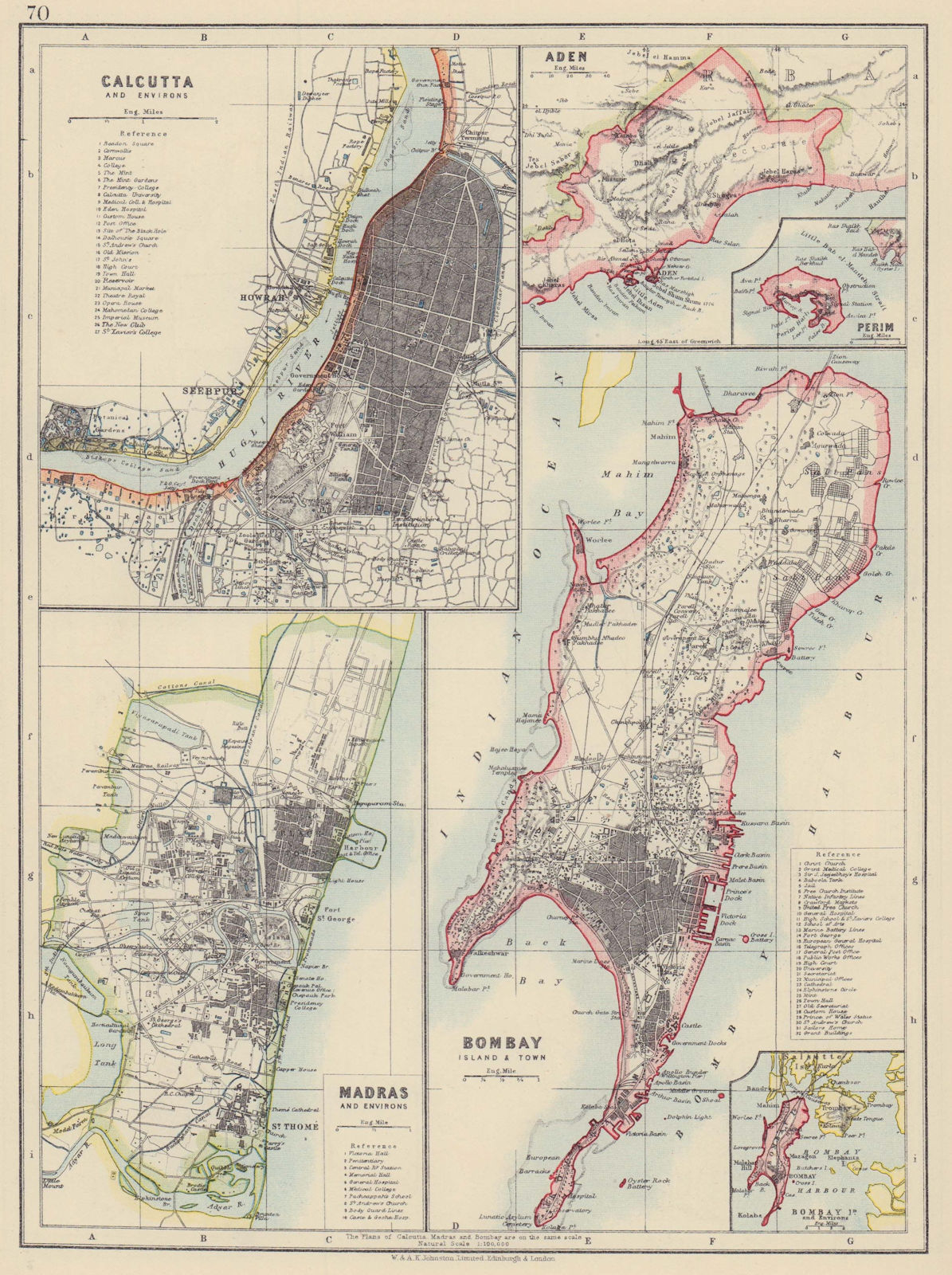 BRITISH INDIA CITIES. Calcutta Kolkata Madras Chennai Bombay Mumbai 1910 map
