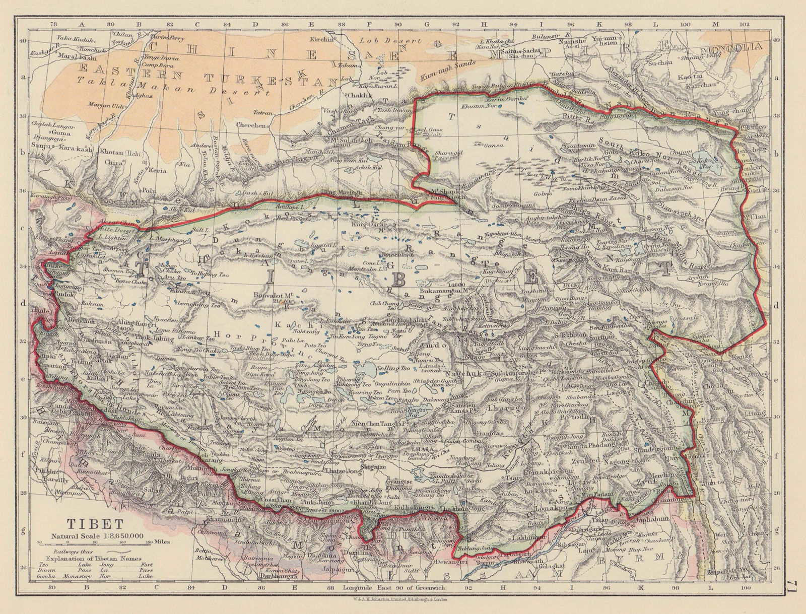 TIBET. Lhasa Chang Tang Himalayas Taklamakan desert. JOHNSTON 1910 old map