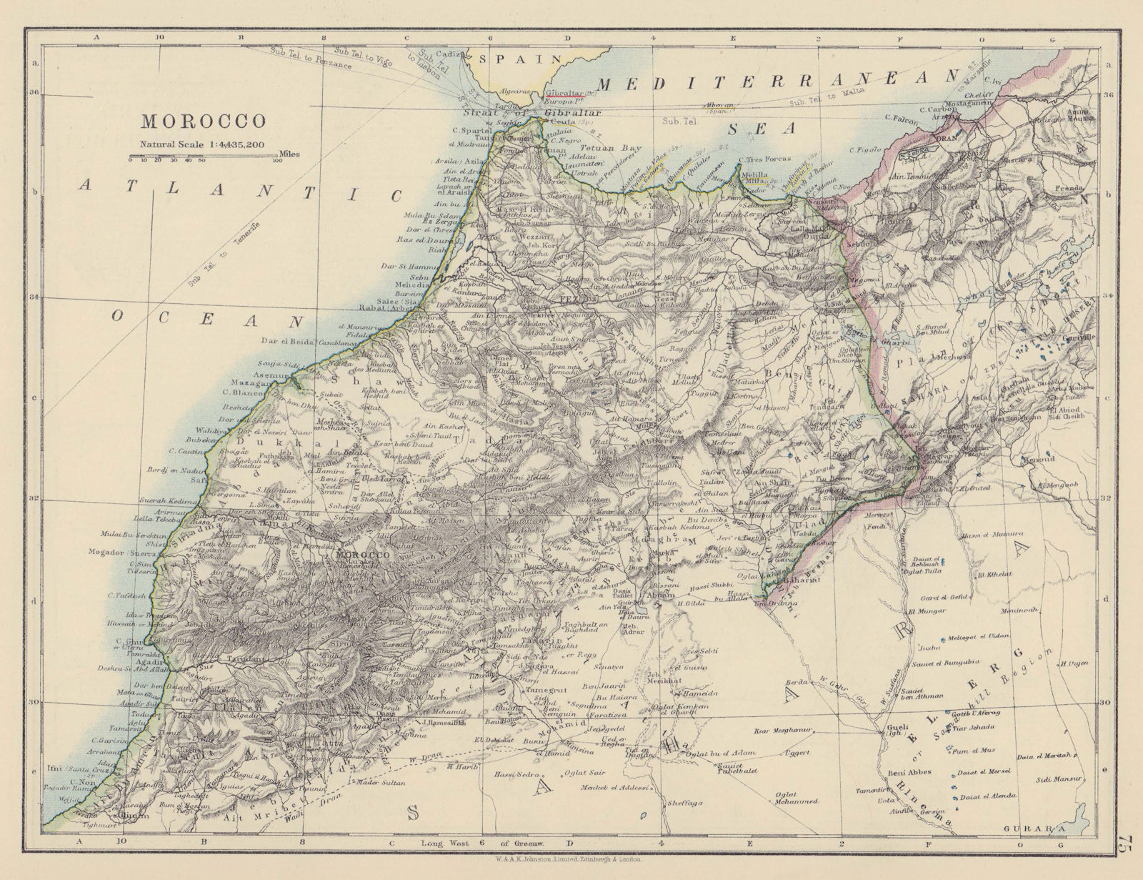MOROCCO. Showing Atlas mountains rivers towns. Marrakech. JOHNSTON 1910 map